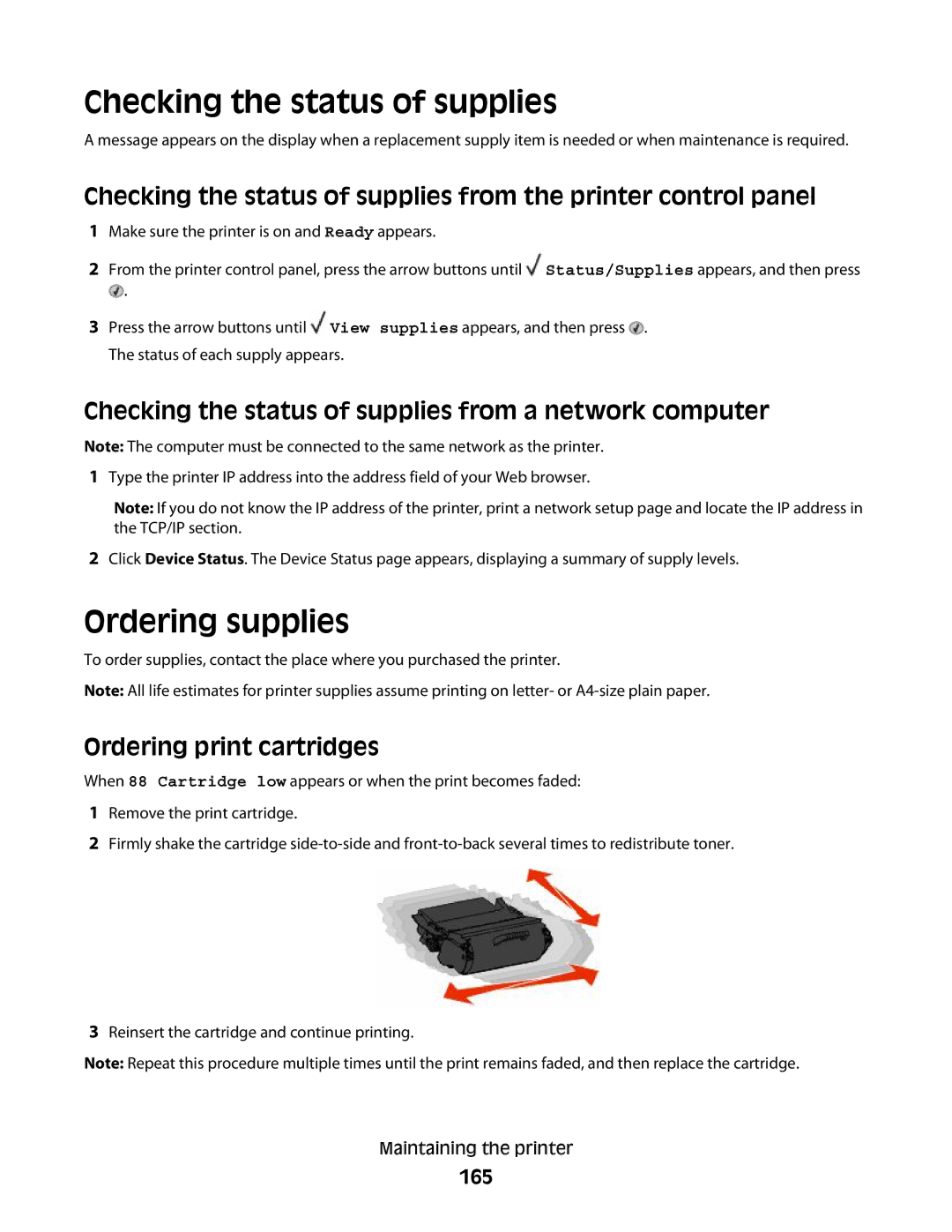 Dell 4864 Ordering supplies, Checking the status of supplies from a network computer, Ordering print cartridges, 165 