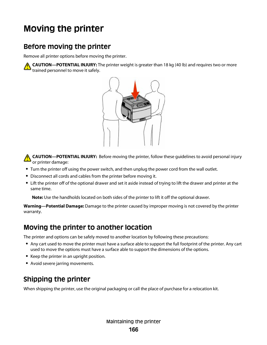 Dell 41A, xn2, n01, n03, mn1 Before moving the printer, Moving the printer to another location, Shipping the printer, 166 