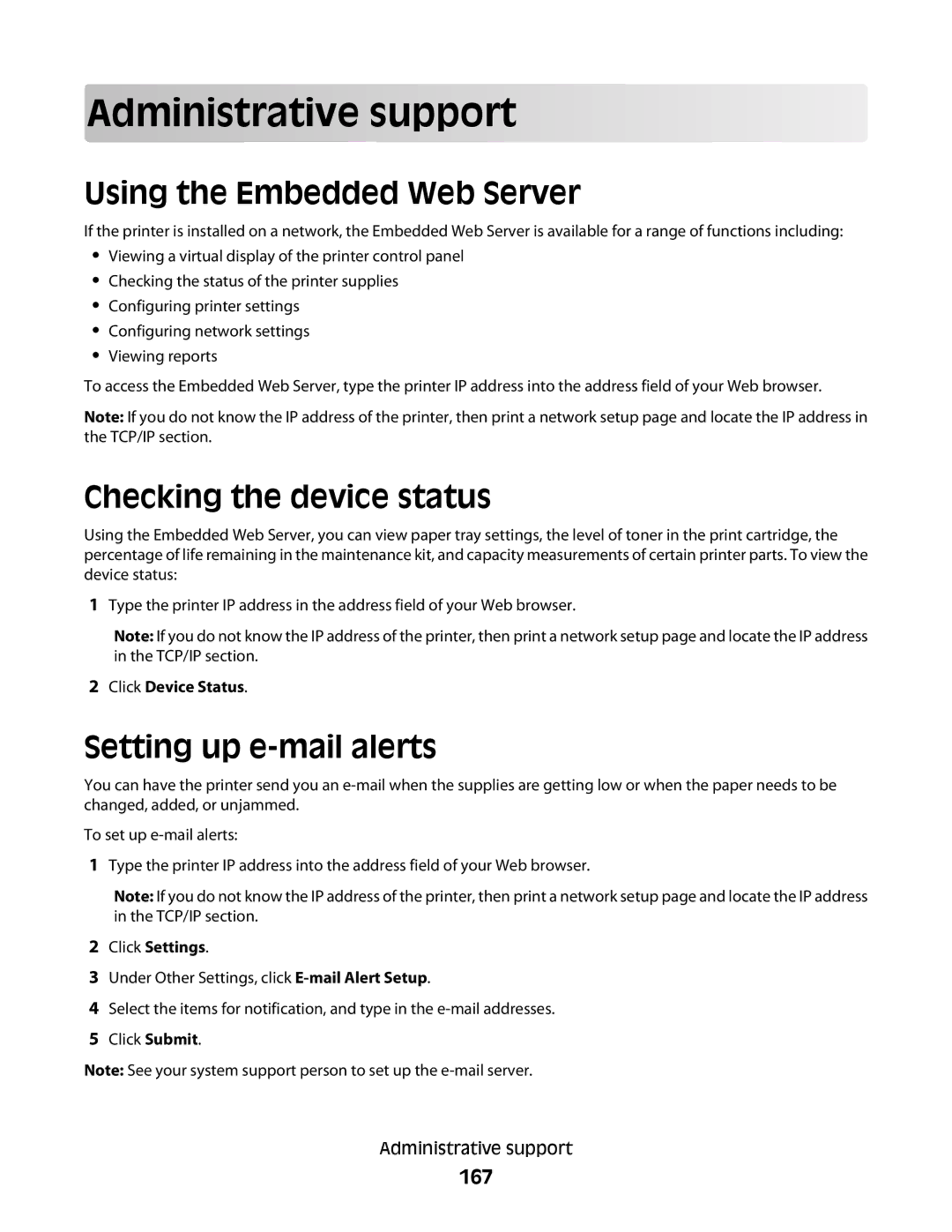 Dell 23A Administrative support, Using the Embedded Web Server, Checking the device status, Setting up e-mail alerts, 167 