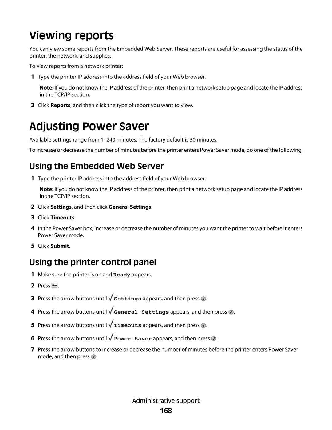 Dell 21A, xn2 Viewing reports, Adjusting Power Saver, Using the Embedded Web Server, Using the printer control panel, 168 