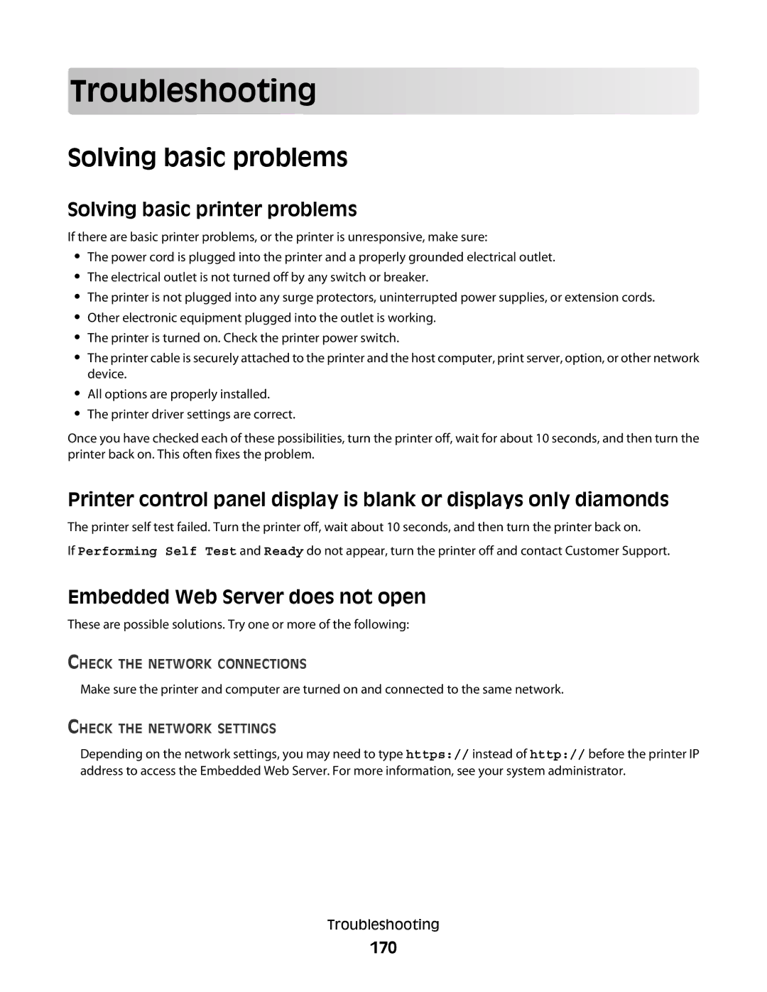 Dell 43A Troubleshooting, Solving basic problems, Solving basic printer problems, Embedded Web Server does not open, 170 