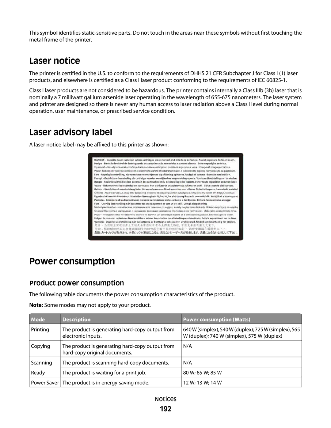 Dell 23A, xn2, n01, n03, mn1, md1, gm1, gd2, n02, dn1, 5530, gd1, dn3, dn2 Laser notice, Laser advisory label, Power consumption, 192 