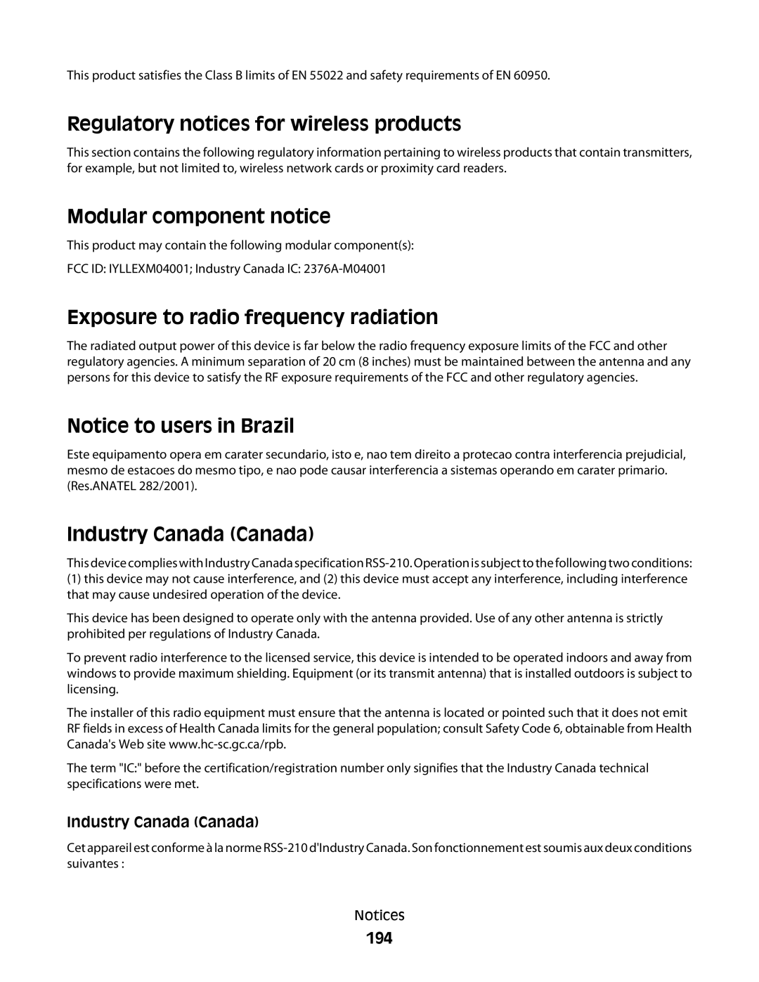 Dell 4552 Regulatory notices for wireless products, Modular component notice, Exposure to radio frequency radiation, 194 