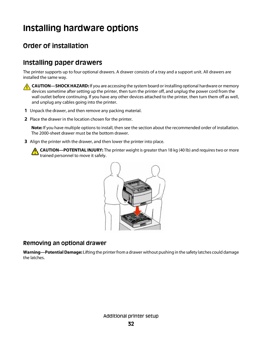 Dell n02, xn2, n01 Installing hardware options, Order of installation Installing paper drawers, Removing an optional drawer 