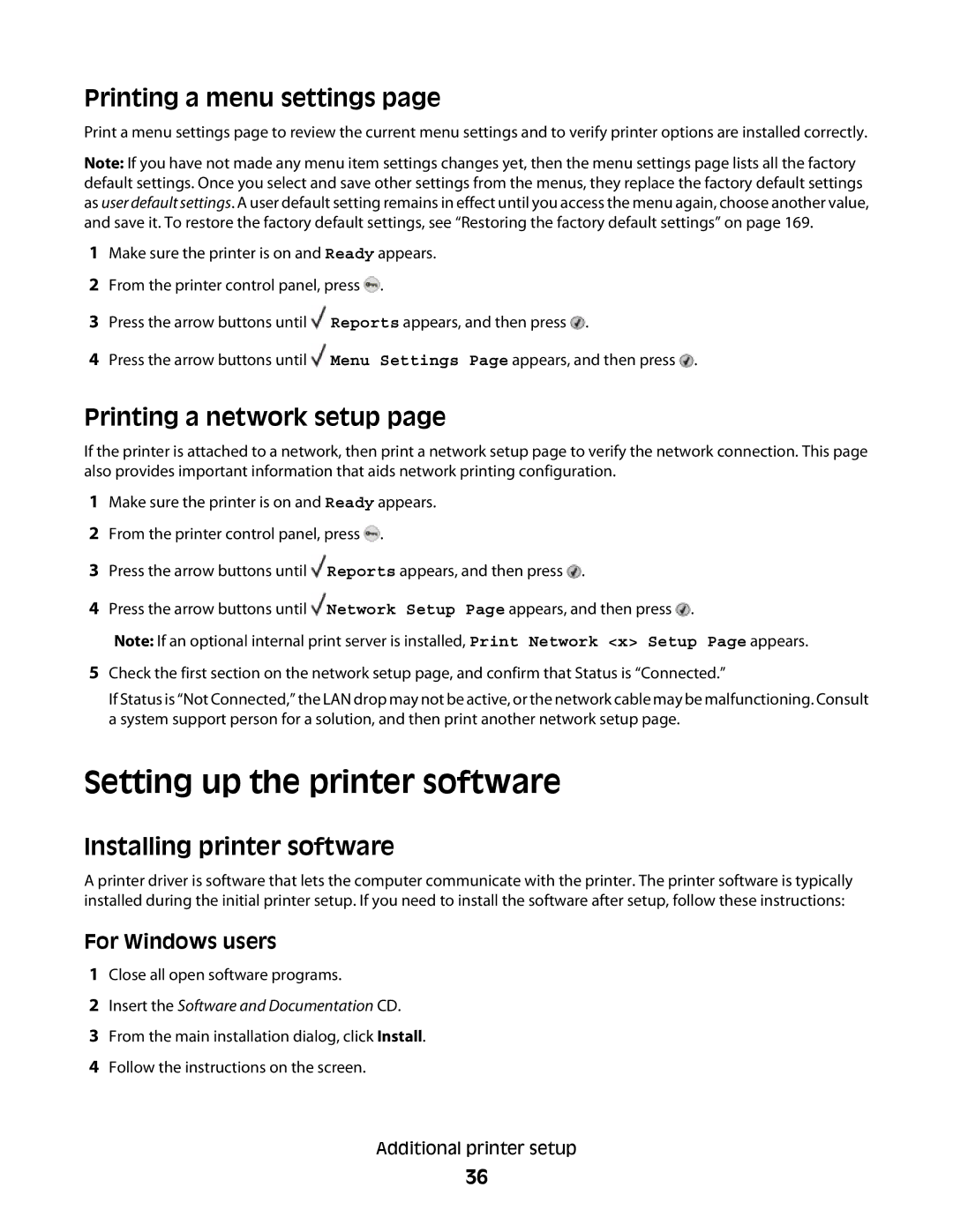 Dell dn3 Setting up the printer software, Printing a menu settings, Printing a network setup, Installing printer software 