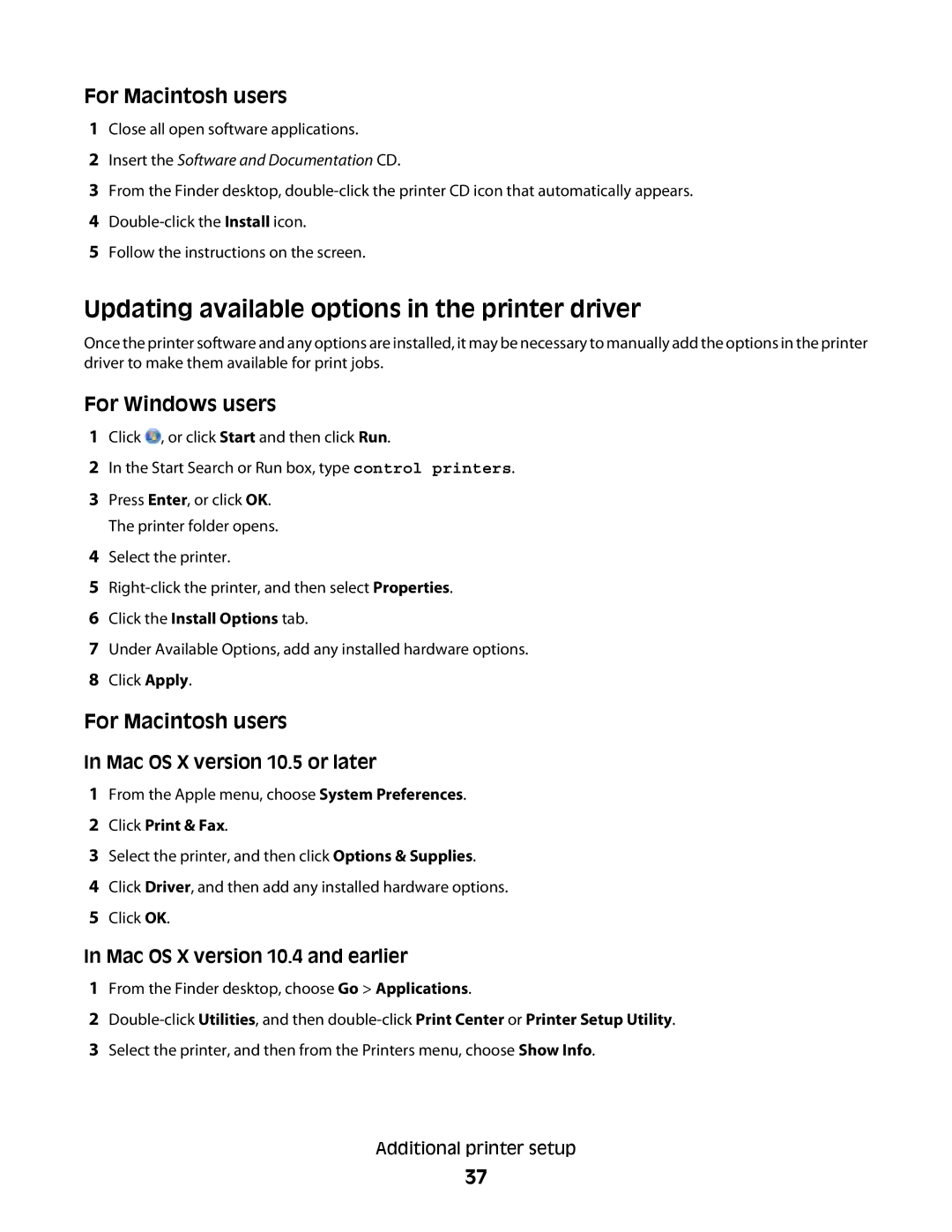 Dell dn2, xn2, n01, n03, mn1, md1, gm1, gd2, n02, dn1, 5530 Updating available options in the printer driver, For Macintosh users 