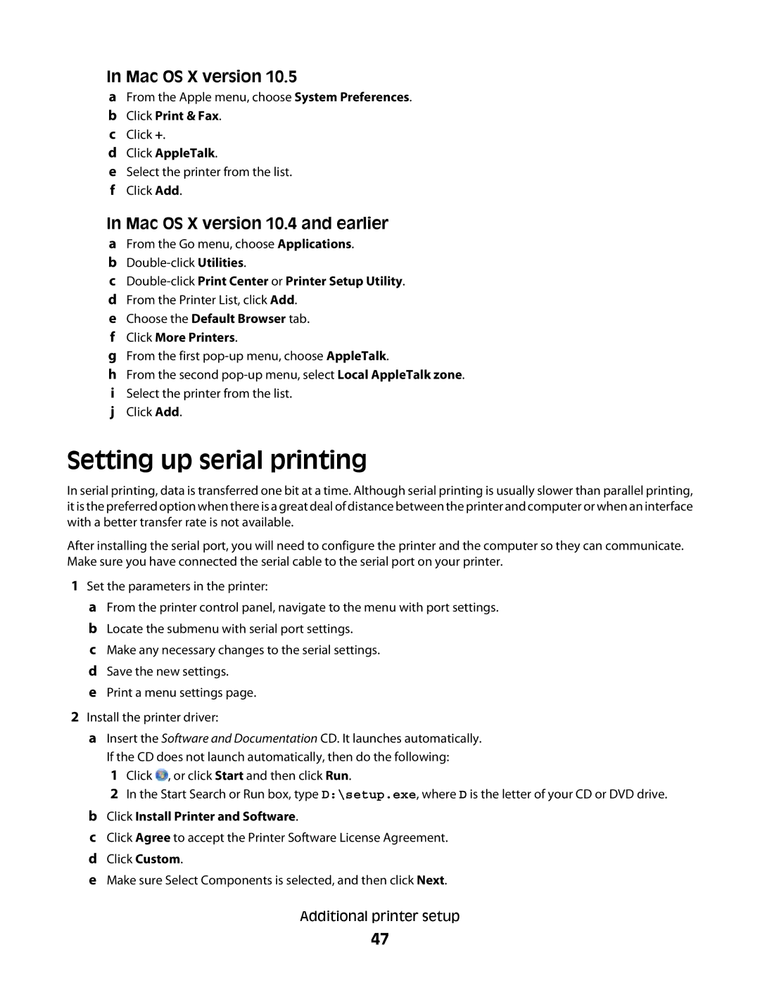 Dell 4553, xn2, n01, n03, mn1, md1, gm1, gd2, n02, dn1, 5530, gd1, dn3, dn2, d03, 4864, 41A Setting up serial printing, Mac OS X version 