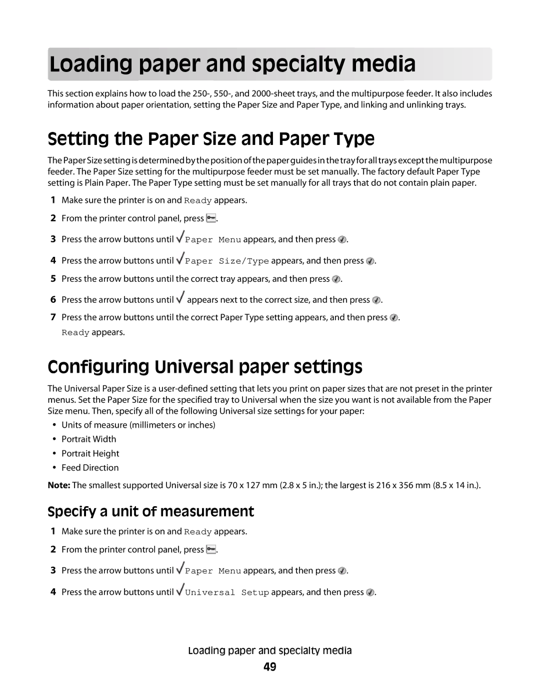 Dell 01A Loading paper and specialty media, Setting the Paper Size and Paper Type, Configuring Universal paper settings 