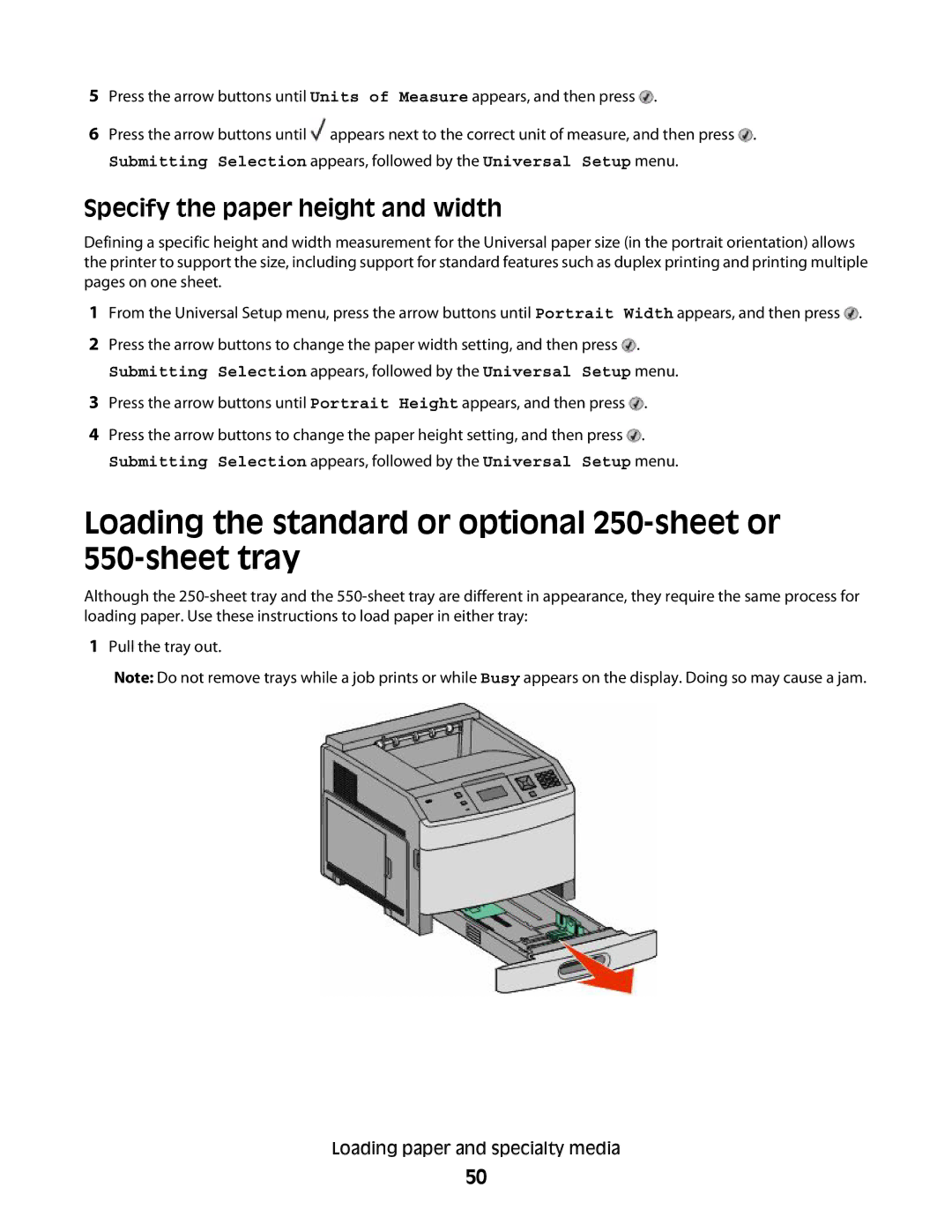 Dell xn2, n01, n03, mn1, md1 Loading the standard or optional 250-sheet or 550-sheet tray, Specify the paper height and width 