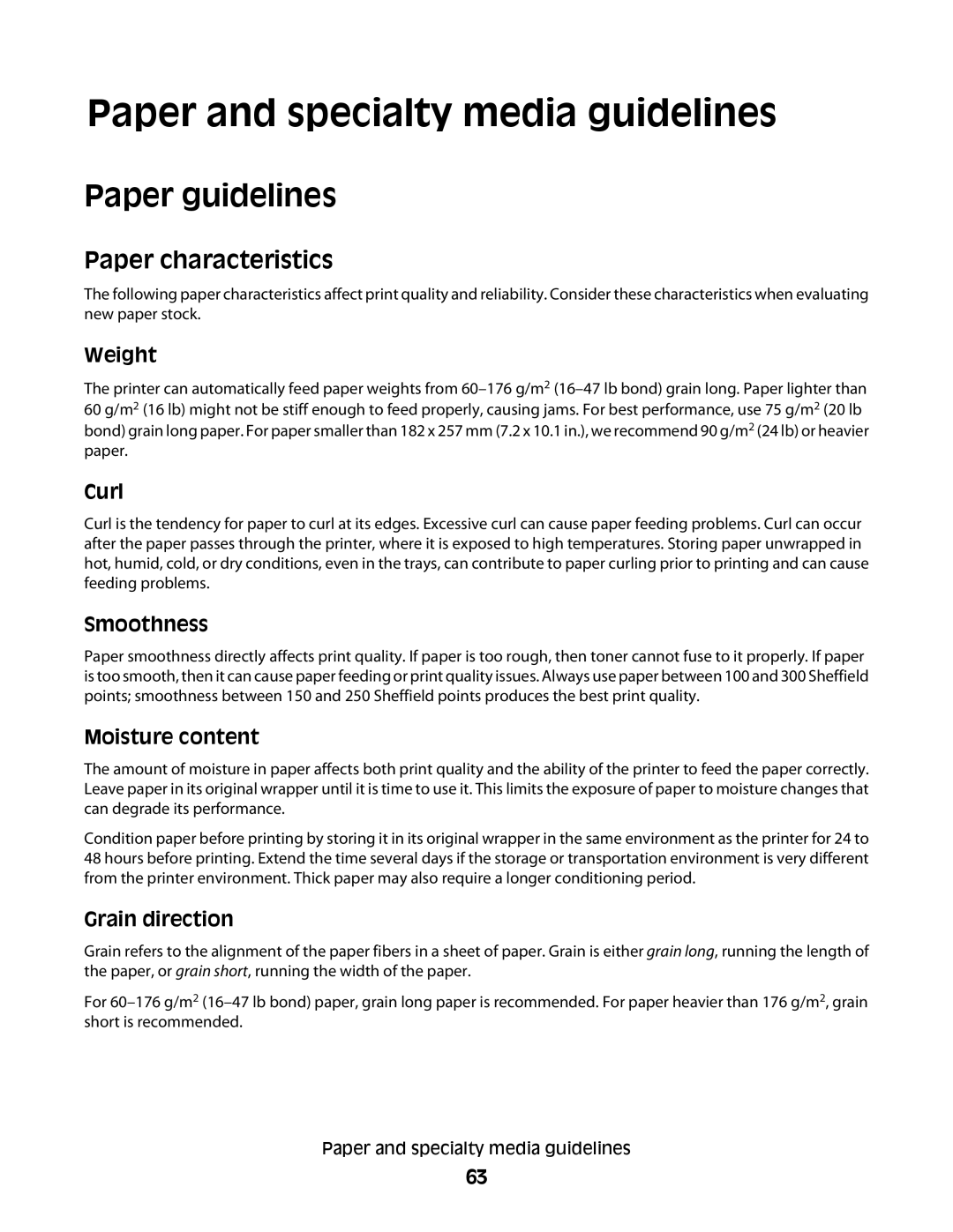 Dell d03, xn2, n01, n03, mn1, md1, gm1, gd2, n02, dn Paper and specialty media guidelines, Paper guidelines, Paper characteristics 