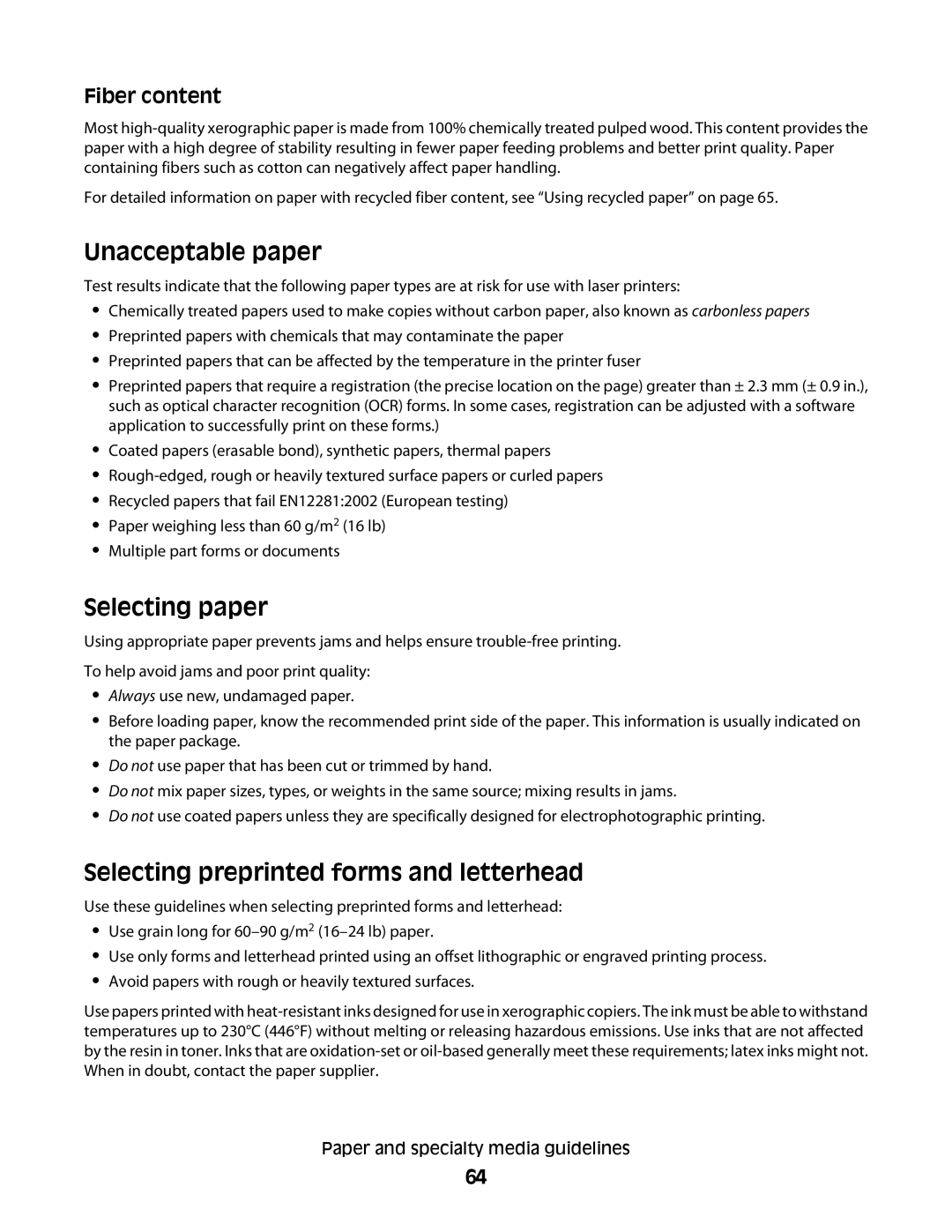 Dell dn, xn2, n01, n03, mn1, md1 Unacceptable paper, Selecting paper, Selecting preprinted forms and letterhead, Fiber content 