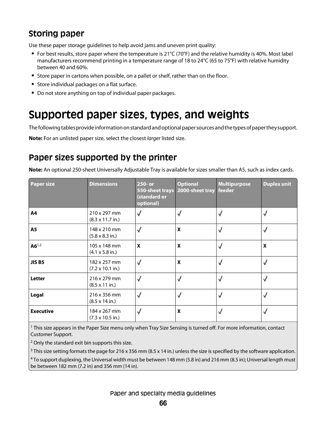 Dell 41A, xn2, n01, n03, mn1 Supported paper sizes, types, and weights, Storing paper, Paper sizes supported by the printer 