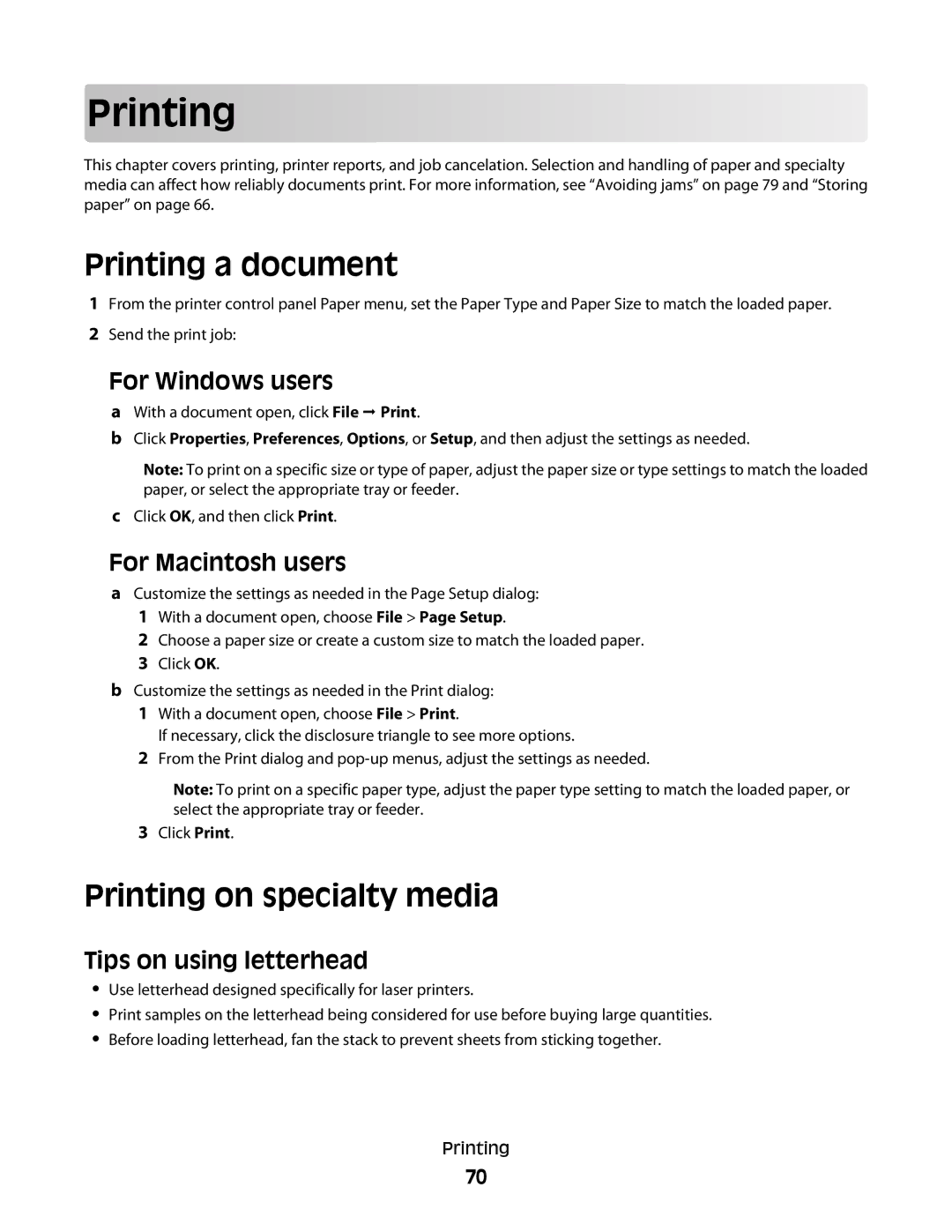 Dell 43A, xn2, n01, n03, mn1, md1, gm1, gd2, n02 Printing a document, Printing on specialty media, Tips on using letterhead 