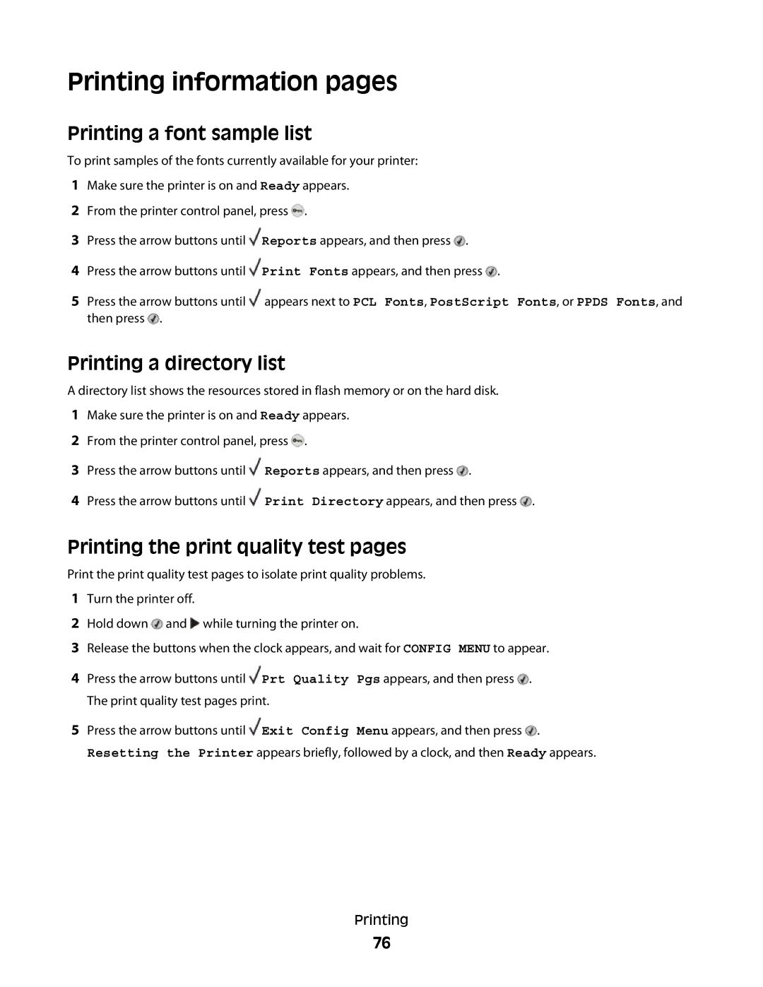 Dell n01, xn2, n03, mn1, md1, gm1, gd2, n02 Printing information pages, Printing a font sample list, Printing a directory list 