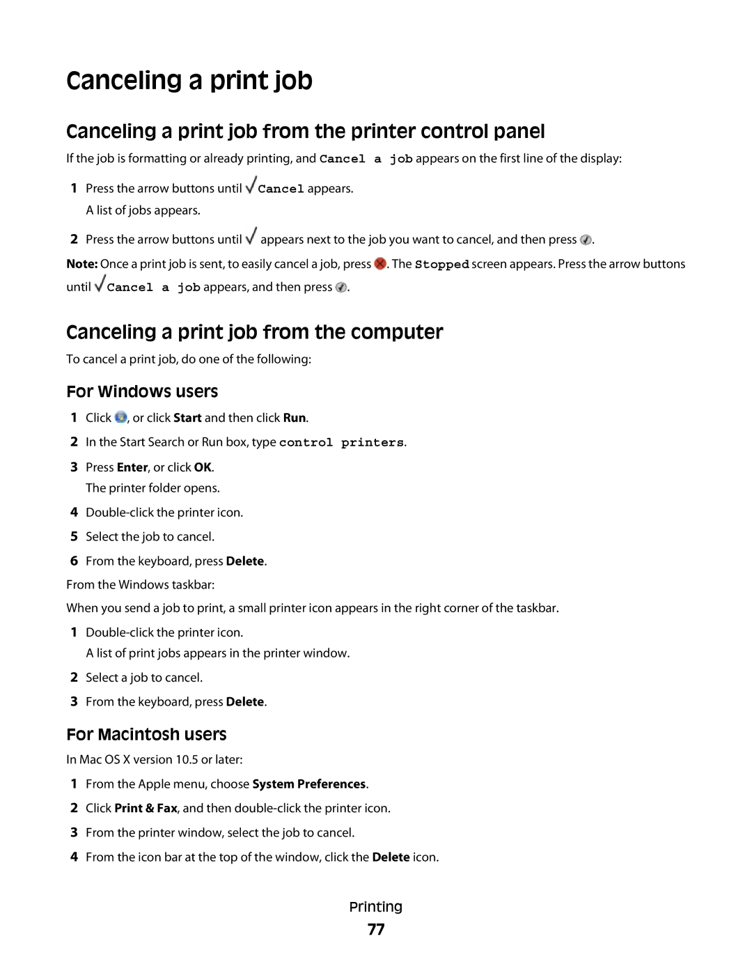 Dell n03, xn2, n01, mn1, dn Canceling a print job from the printer control panel, Canceling a print job from the computer 