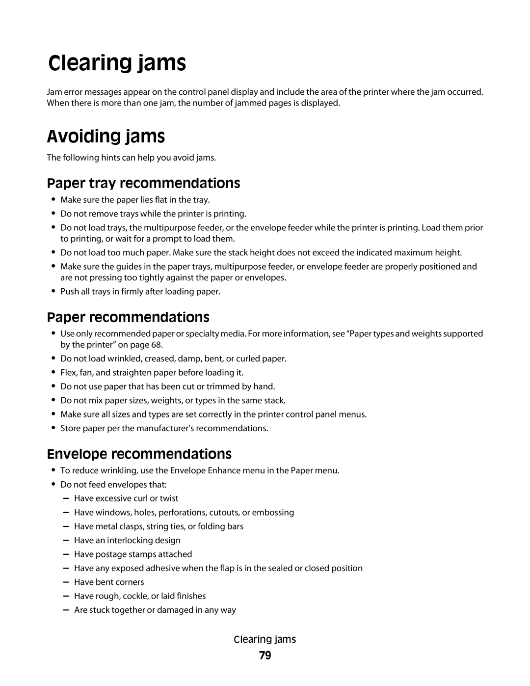 Dell md1, xn2, dn Clearing jams, Avoiding jams, Paper tray recommendations, Paper recommendations, Envelope recommendations 