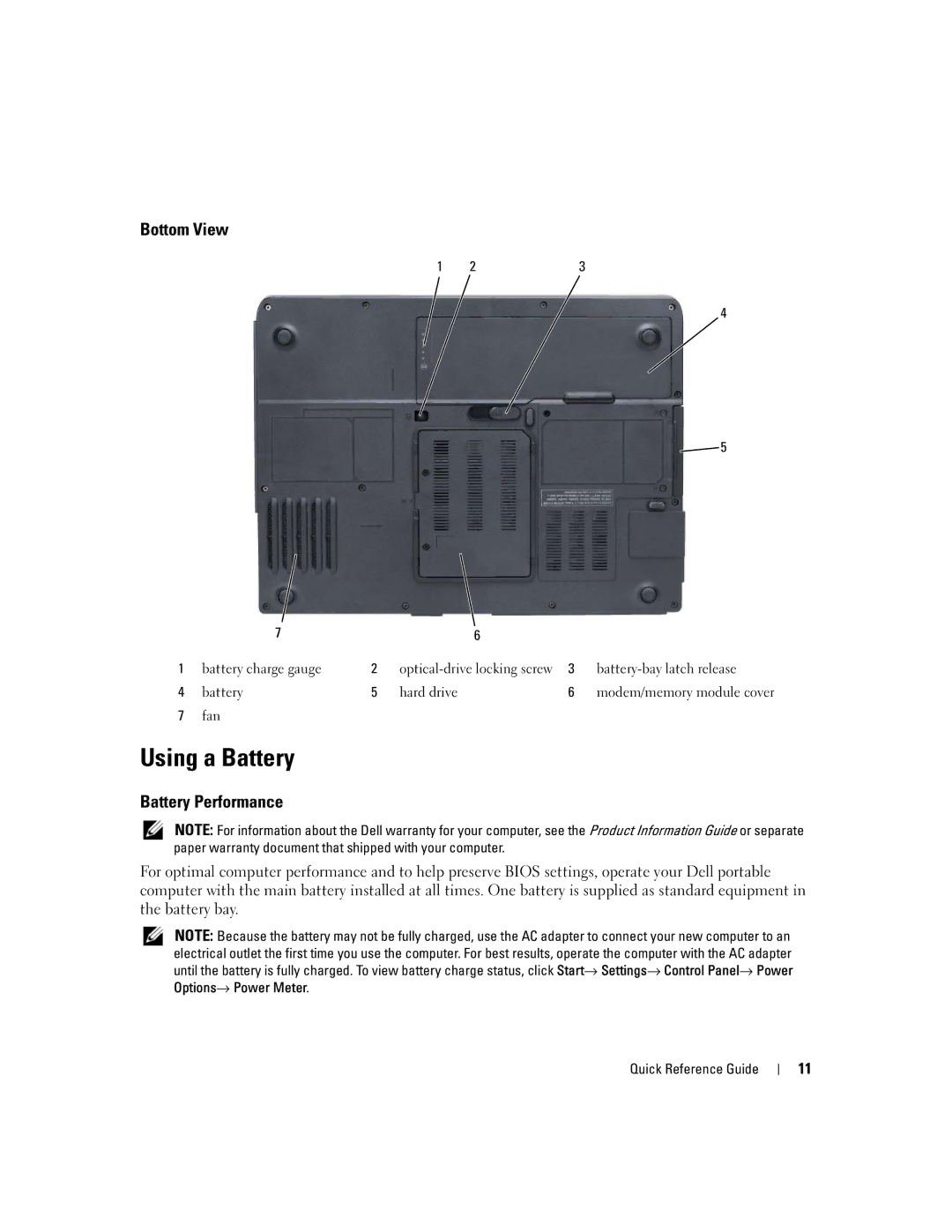 Dell XP065 manual Using a Battery, Bottom View, Battery Performance 