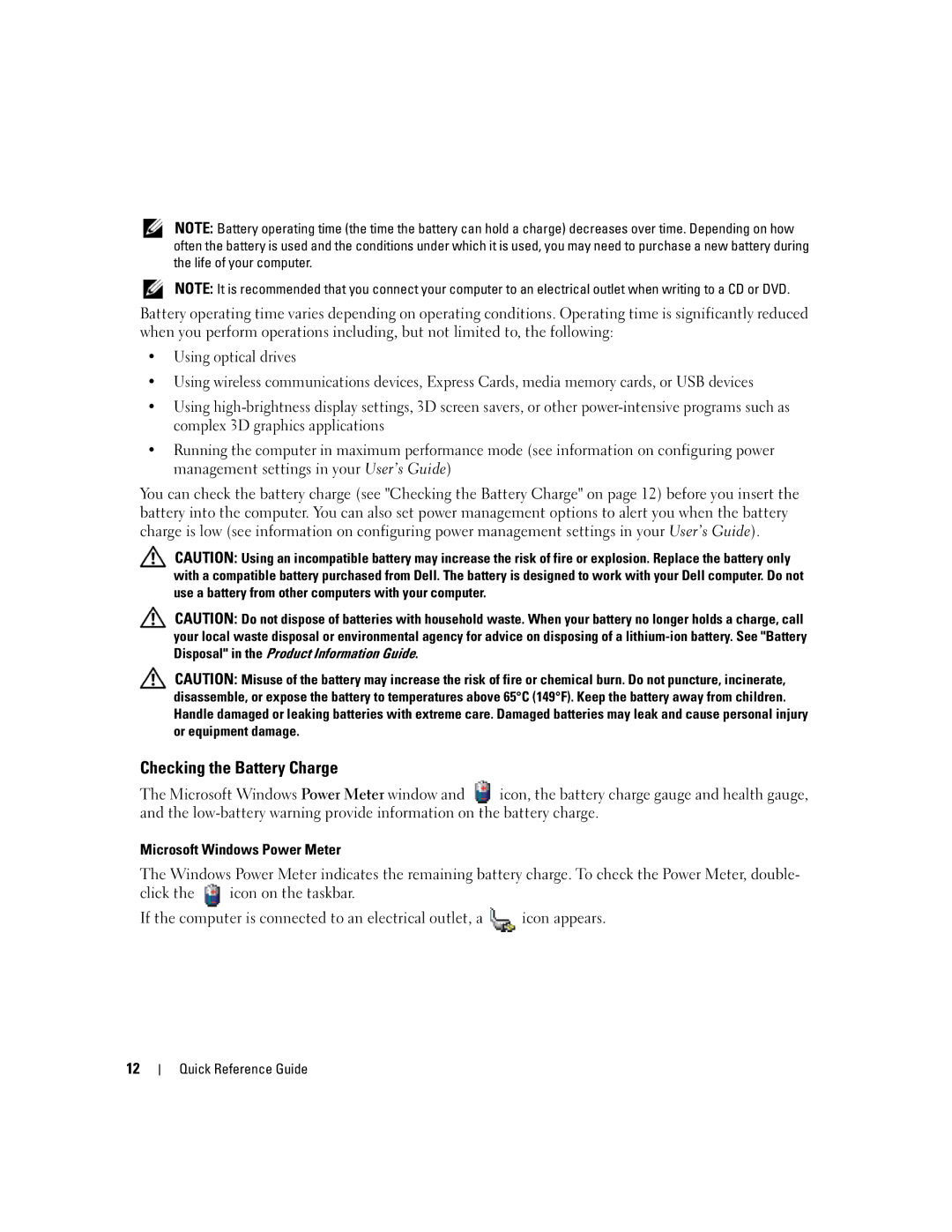 Dell XP065 manual Checking the Battery Charge, Microsoft Windows Power Meter 