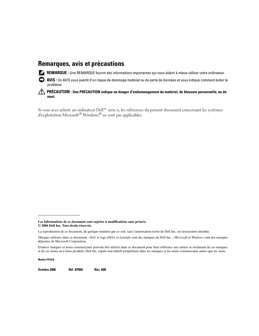 Dell XP065 manual Remarques, avis et précautions 