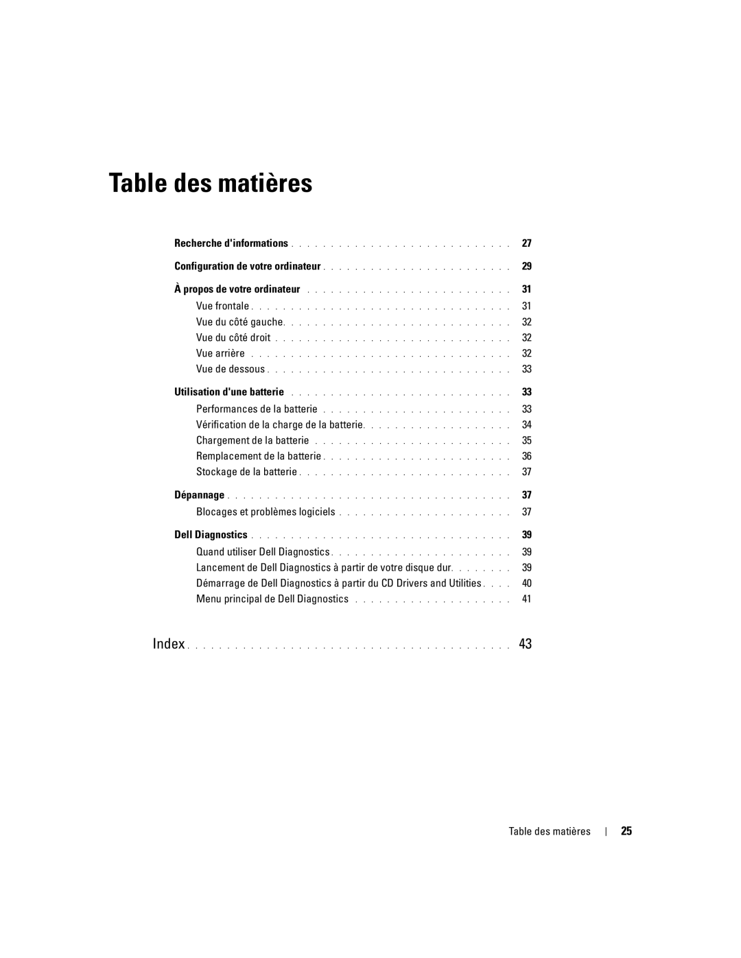 Dell XP065 manual Vérification de la charge de la batterie, Table des matières 