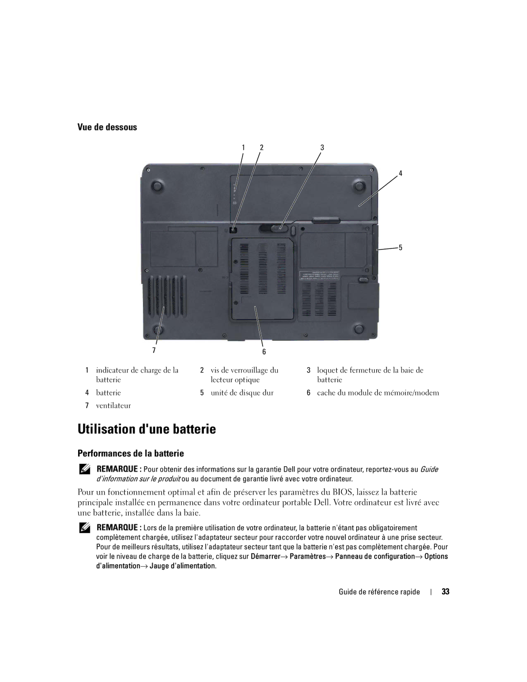 Dell XP065 manual Utilisation dune batterie, Vue de dessous, Performances de la batterie 