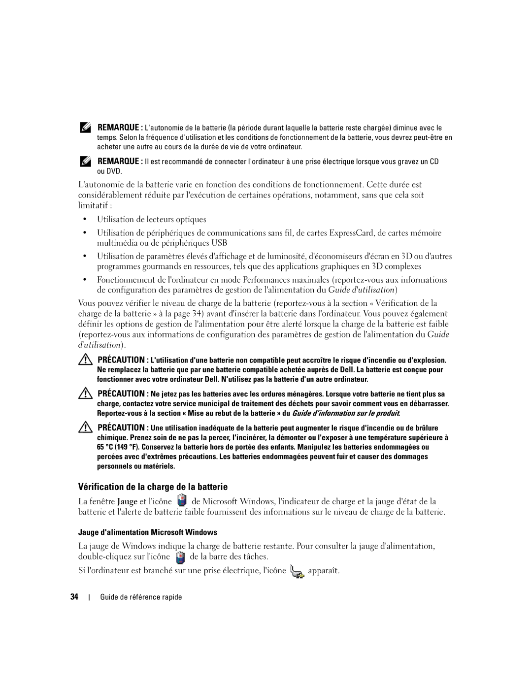Dell XP065 manual Vérification de la charge de la batterie, Jauge dalimentation Microsoft Windows 