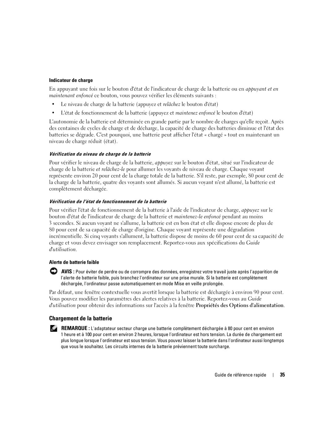 Dell XP065 manual Chargement de la batterie, Indicateur de charge, Alerte de batterie faible 