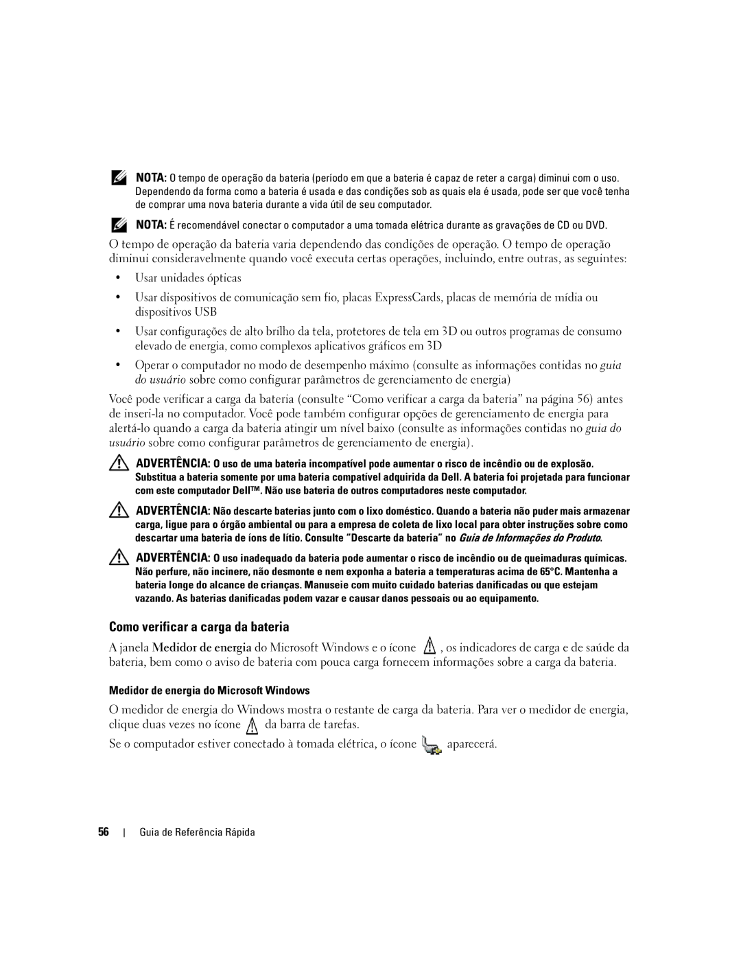 Dell XP065 manual Como verificar a carga da bateria, Medidor de energia do Microsoft Windows 