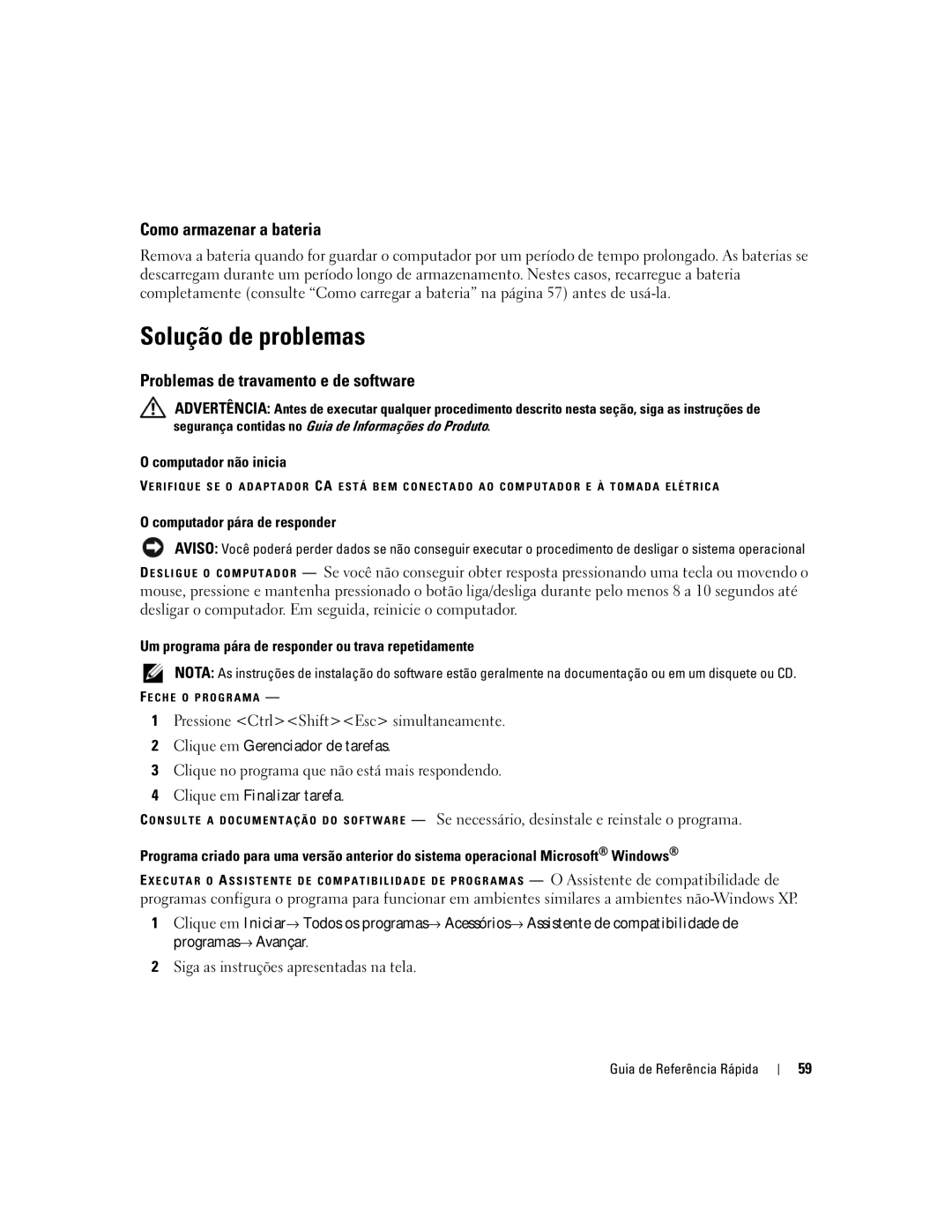 Dell XP065 manual Solução de problemas, Como armazenar a bateria, Problemas de travamento e de software 