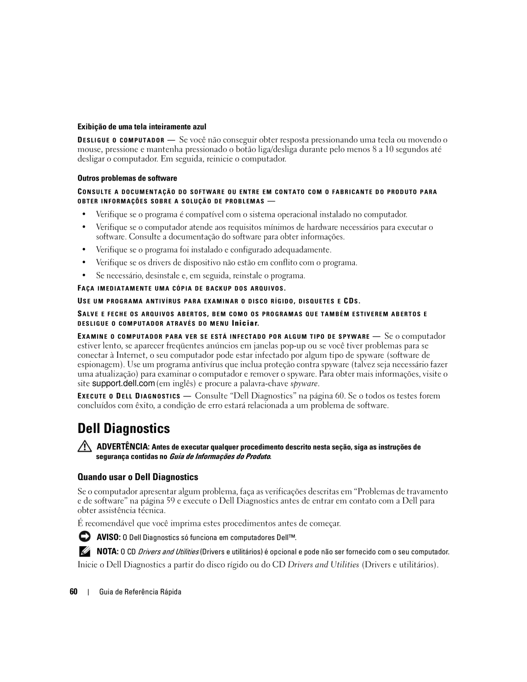 Dell XP065 manual Quando usar o Dell Diagnostics, Exibição de uma tela inteiramente azul, Outros problemas de software 