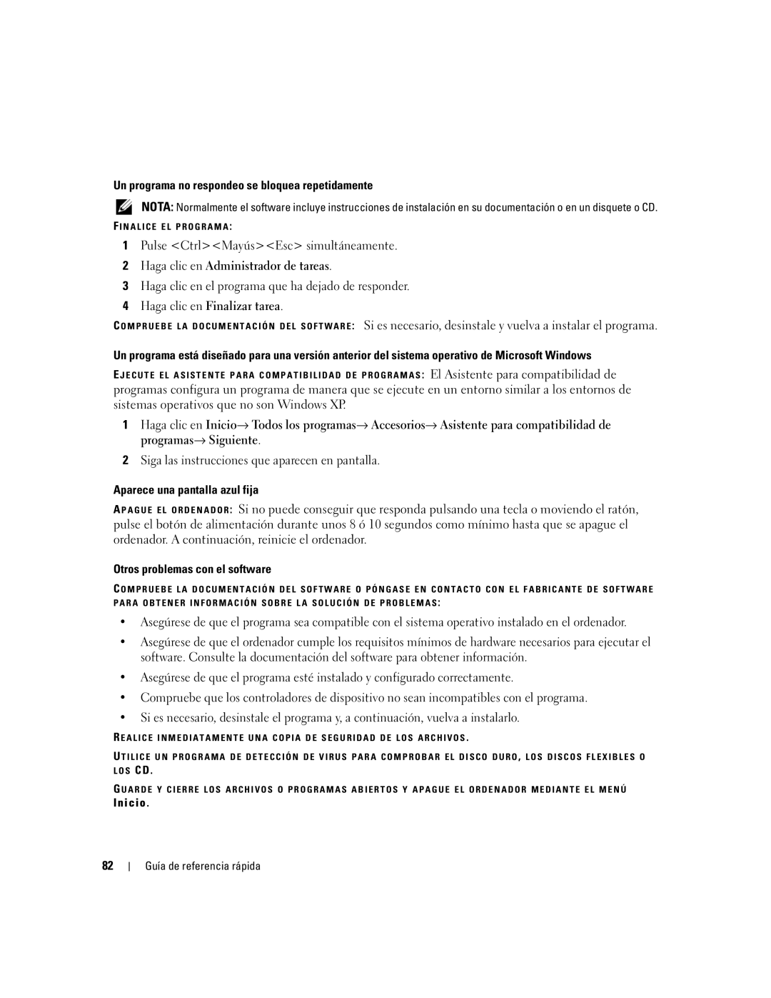 Dell XP065 manual Un programa no respondeo se bloquea repetidamente, Haga clic en Administrador de tareas 