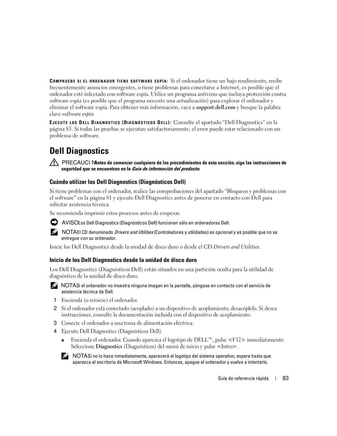 Dell XP065 manual Cuándo utilizar los Dell Diagnostics Diagnósticos Dell 