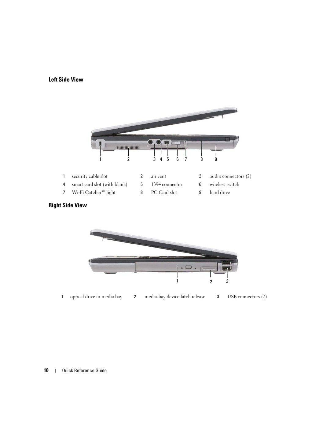 Dell XP140, D631 manual Left Side View, Right Side View 