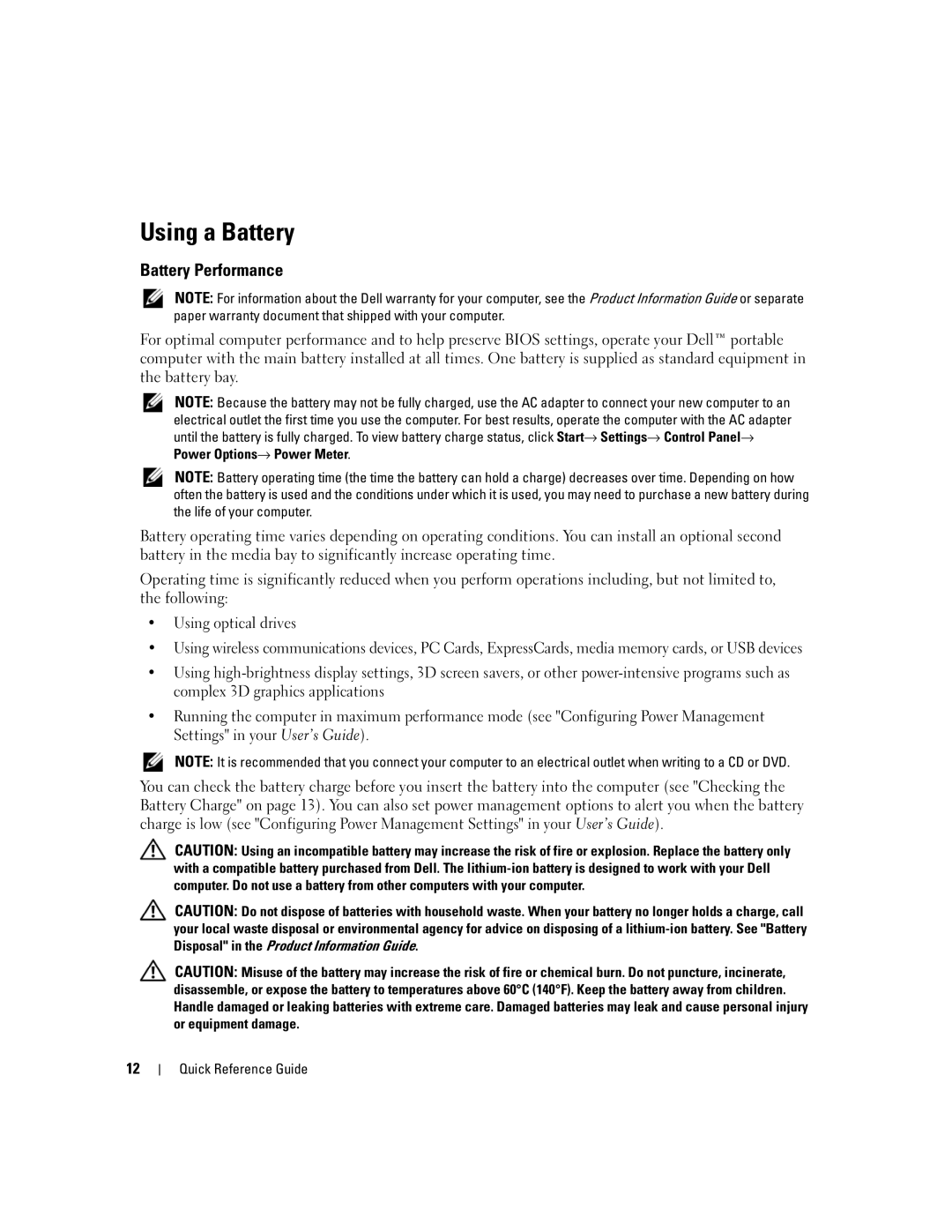 Dell XP140, D631 manual Using a Battery, Battery Performance 