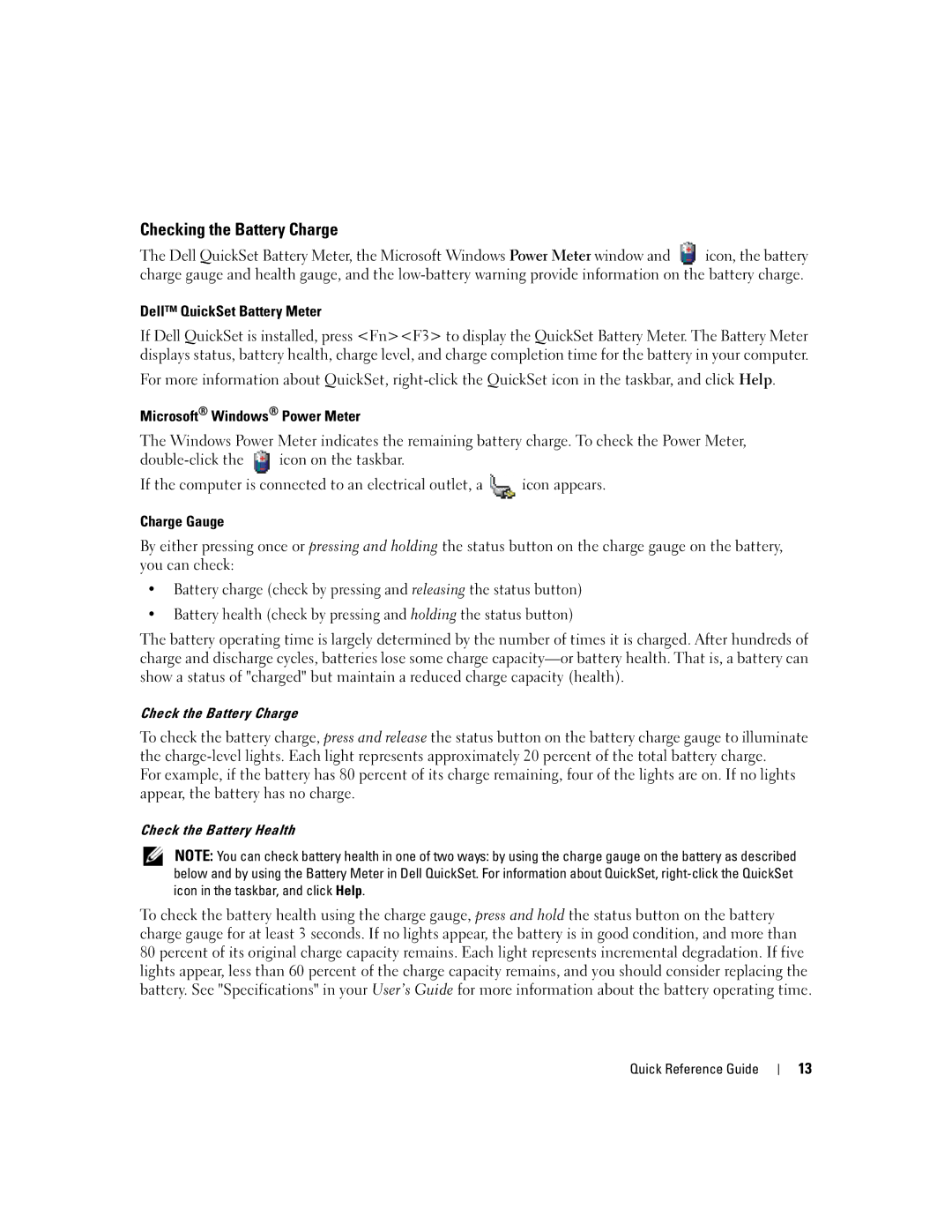 Dell D631, XP140 manual Checking the Battery Charge, Dell QuickSet Battery Meter 