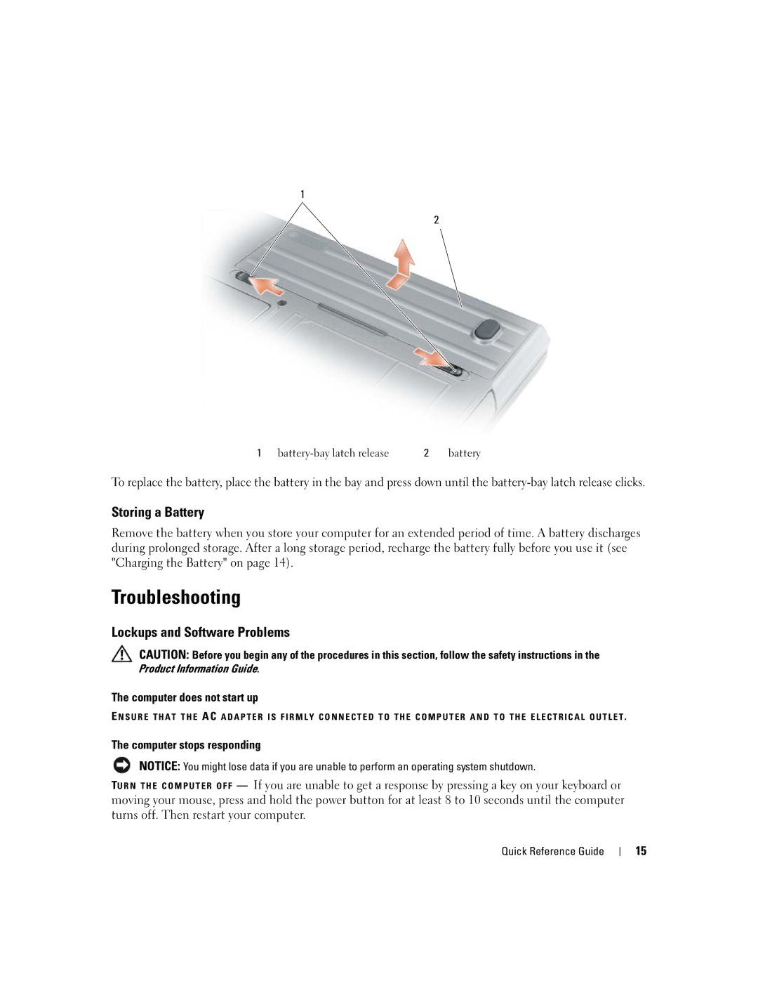 Dell D631, XP140 manual Storing a Battery, Lockups and Software Problems 