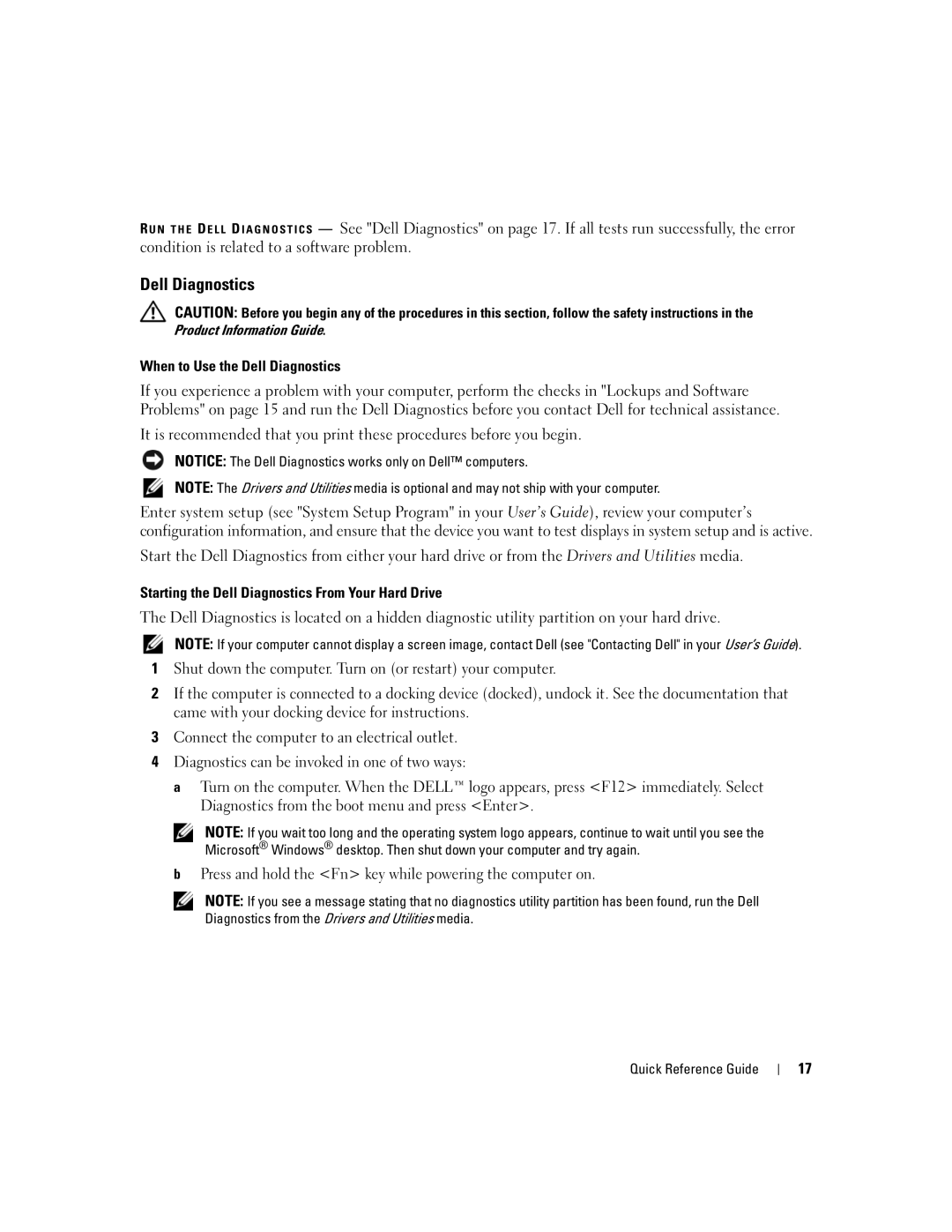 Dell D631, XP140 manual When to Use the Dell Diagnostics 