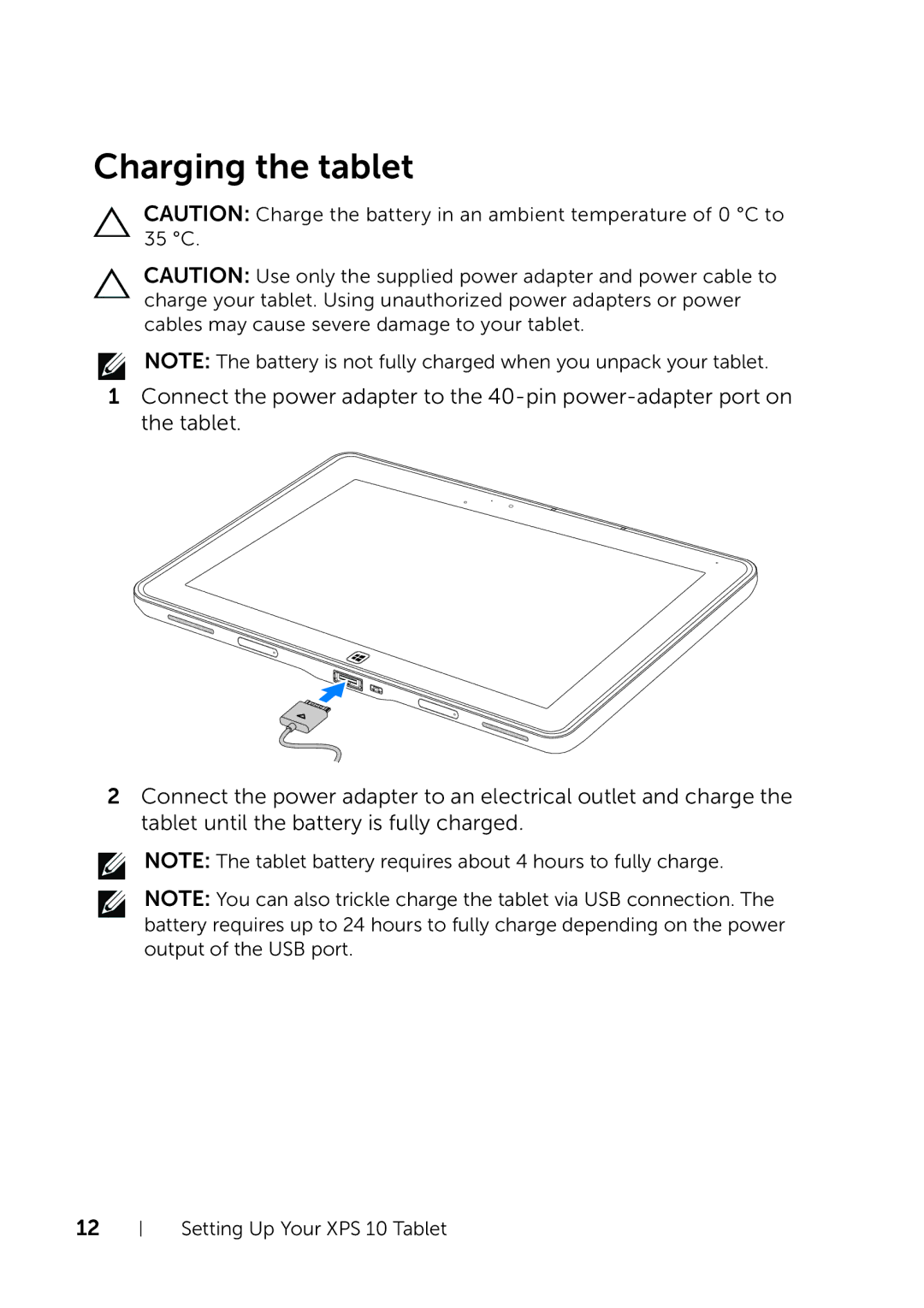 Dell XPS 10 user manual Charging the tablet 