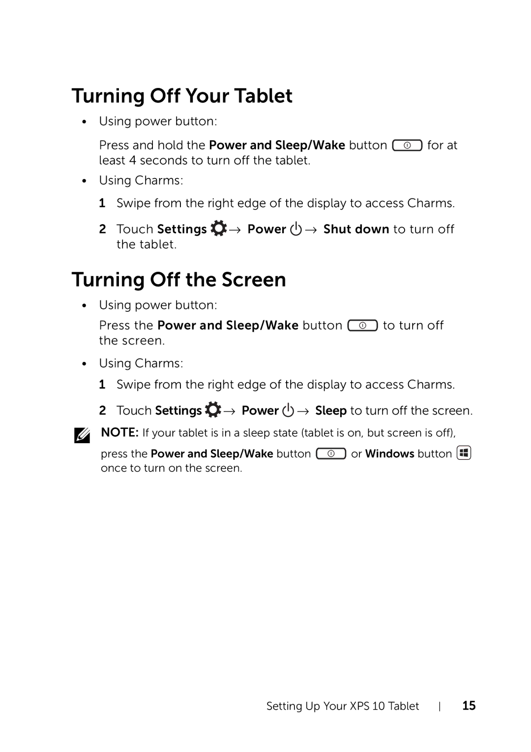 Dell XPS 10 user manual Turning Off Your Tablet, Turning Off the Screen 