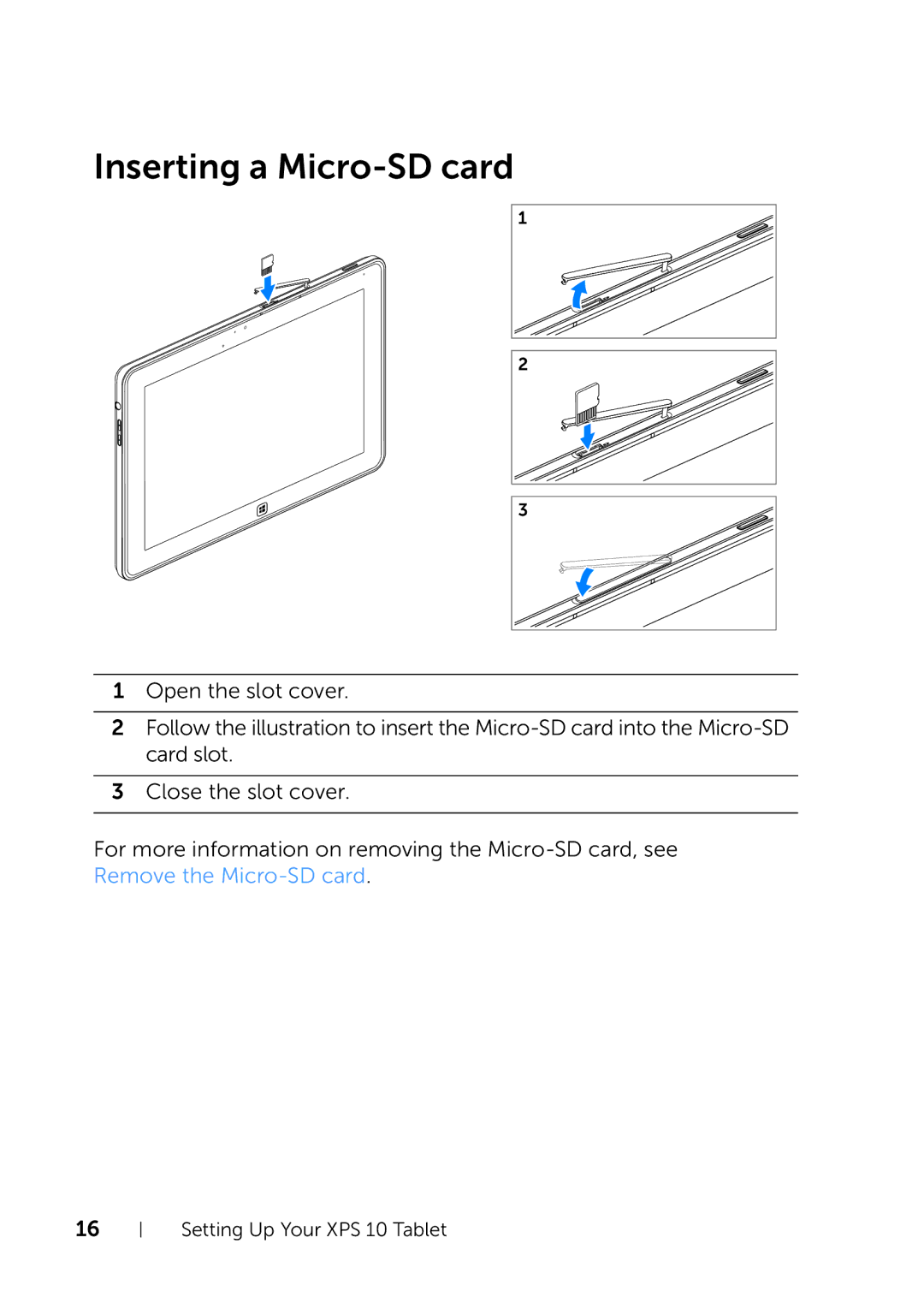 Dell XPS 10 user manual Inserting a Micro-SD card 