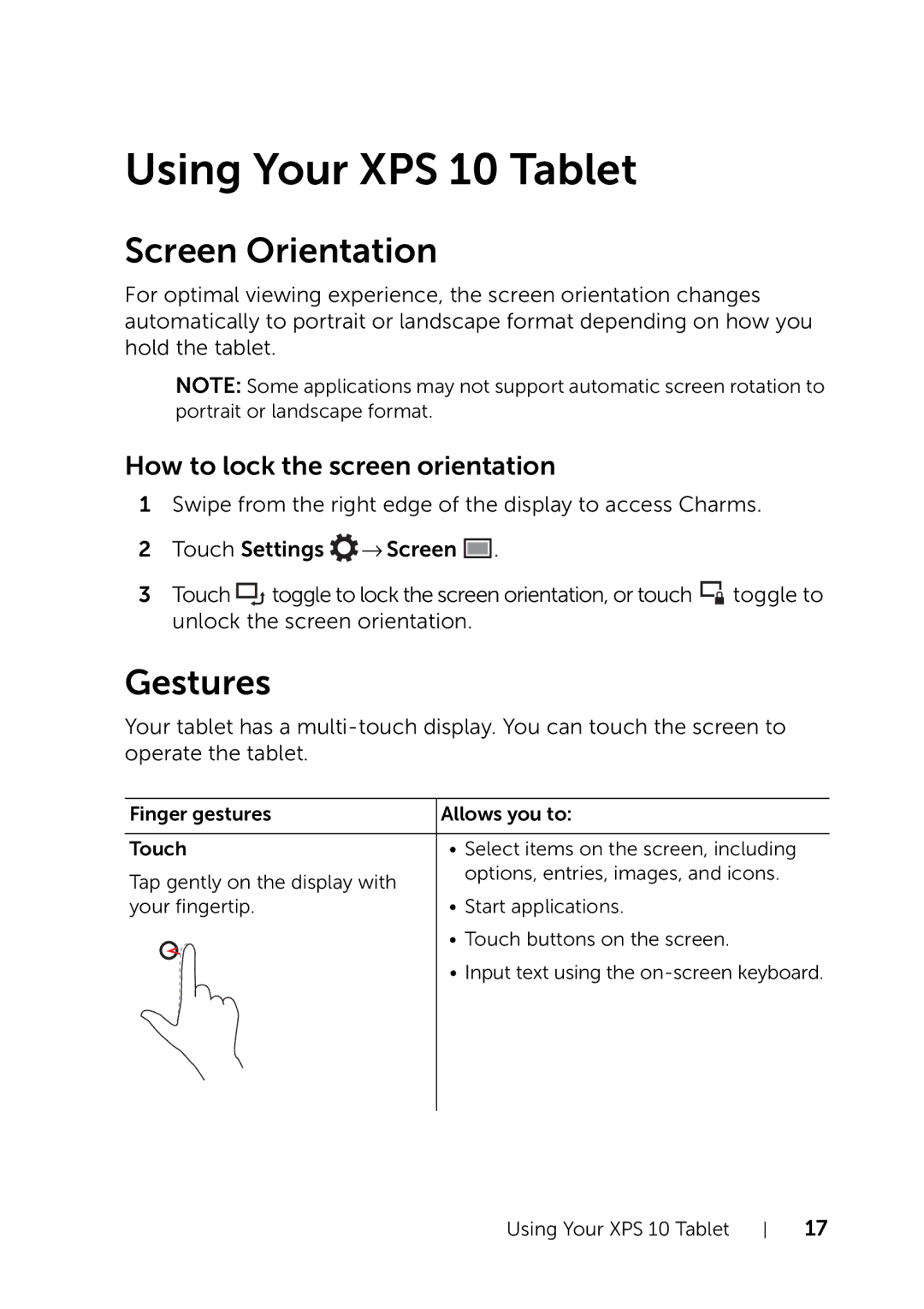 Dell user manual Using Your XPS 10 Tablet, Screen Orientation, Gestures, How to lock the screen orientation 