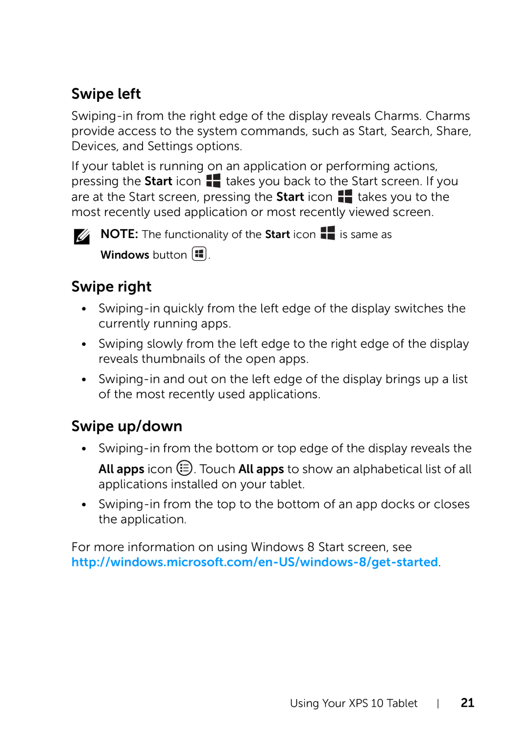 Dell XPS 10 user manual Swipe left, Swipe right, Swipe up/down 