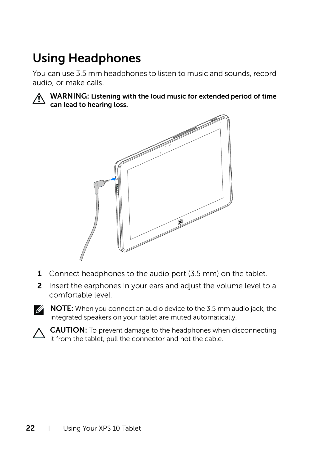 Dell XPS 10 user manual Using Headphones 