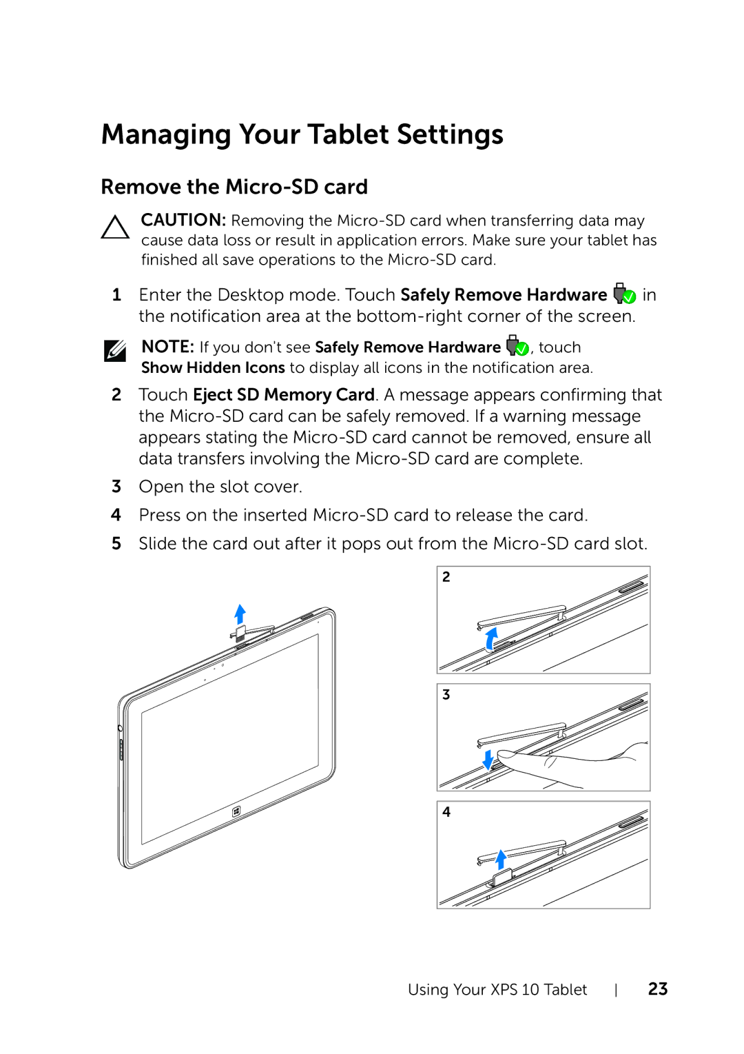 Dell XPS 10 user manual Managing Your Tablet Settings, Remove the Micro-SD card 