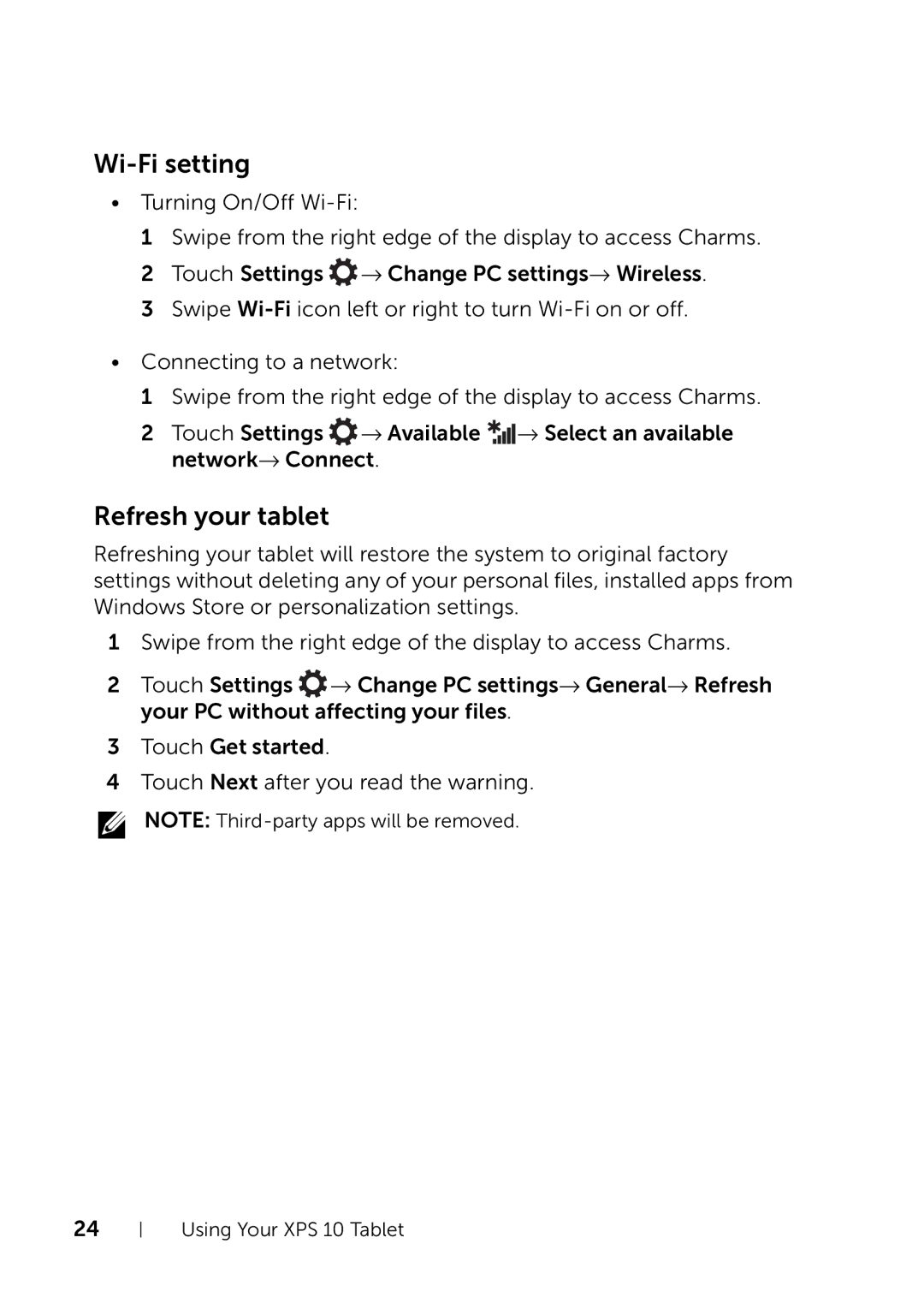 Dell XPS 10 user manual Wi-Fi setting, Refresh your tablet 