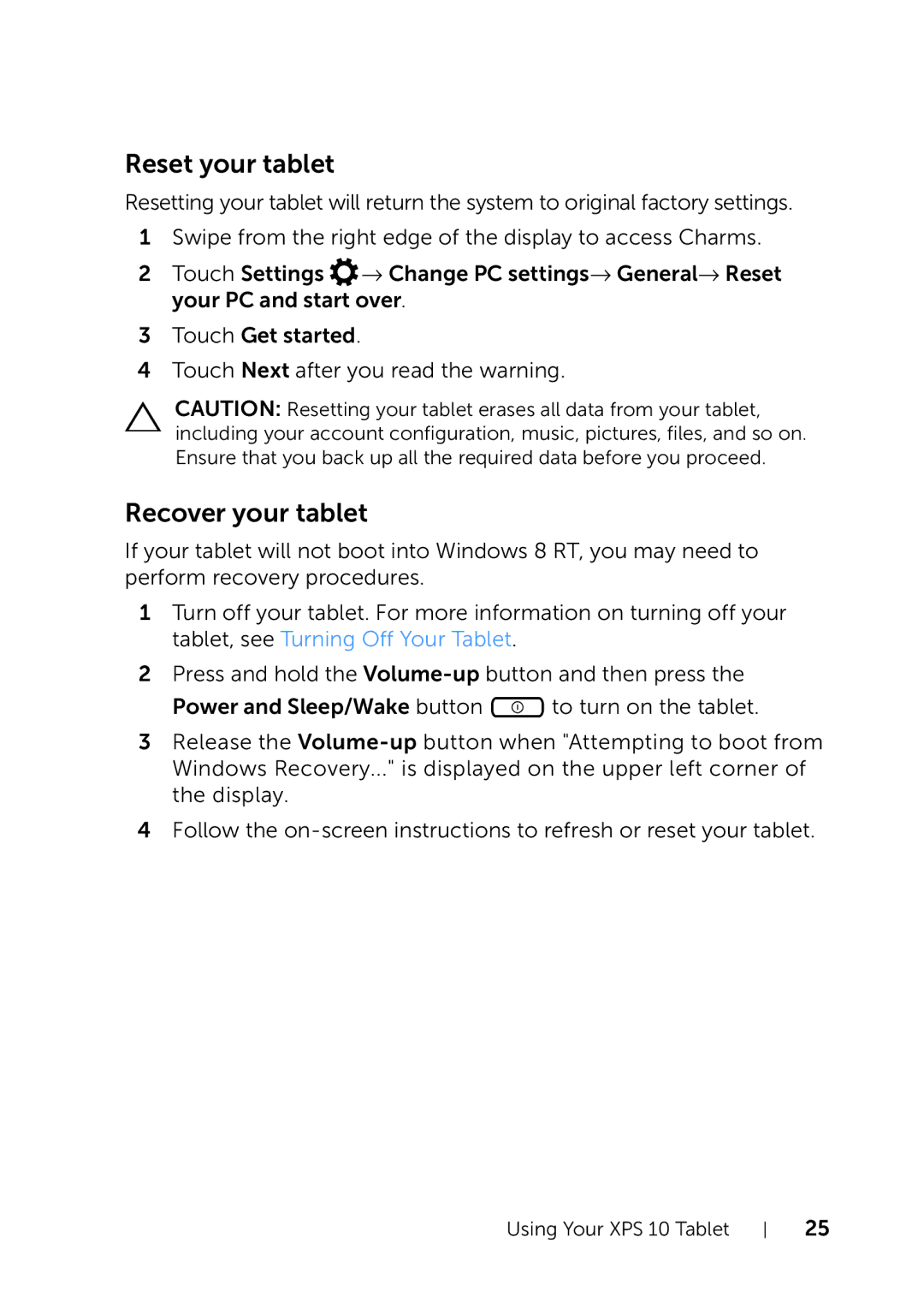 Dell XPS 10 user manual Reset your tablet, Recover your tablet 