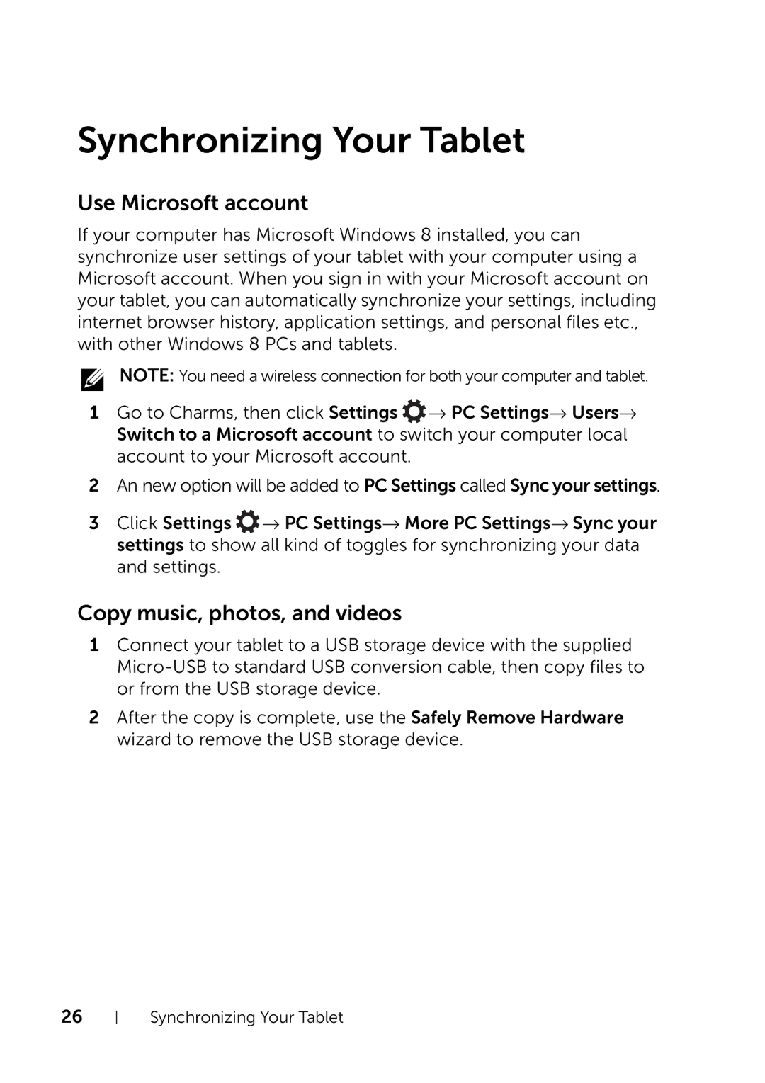 Dell XPS 10 user manual Synchronizing Your Tablet, Use Microsoft account, Copy music, photos, and videos 