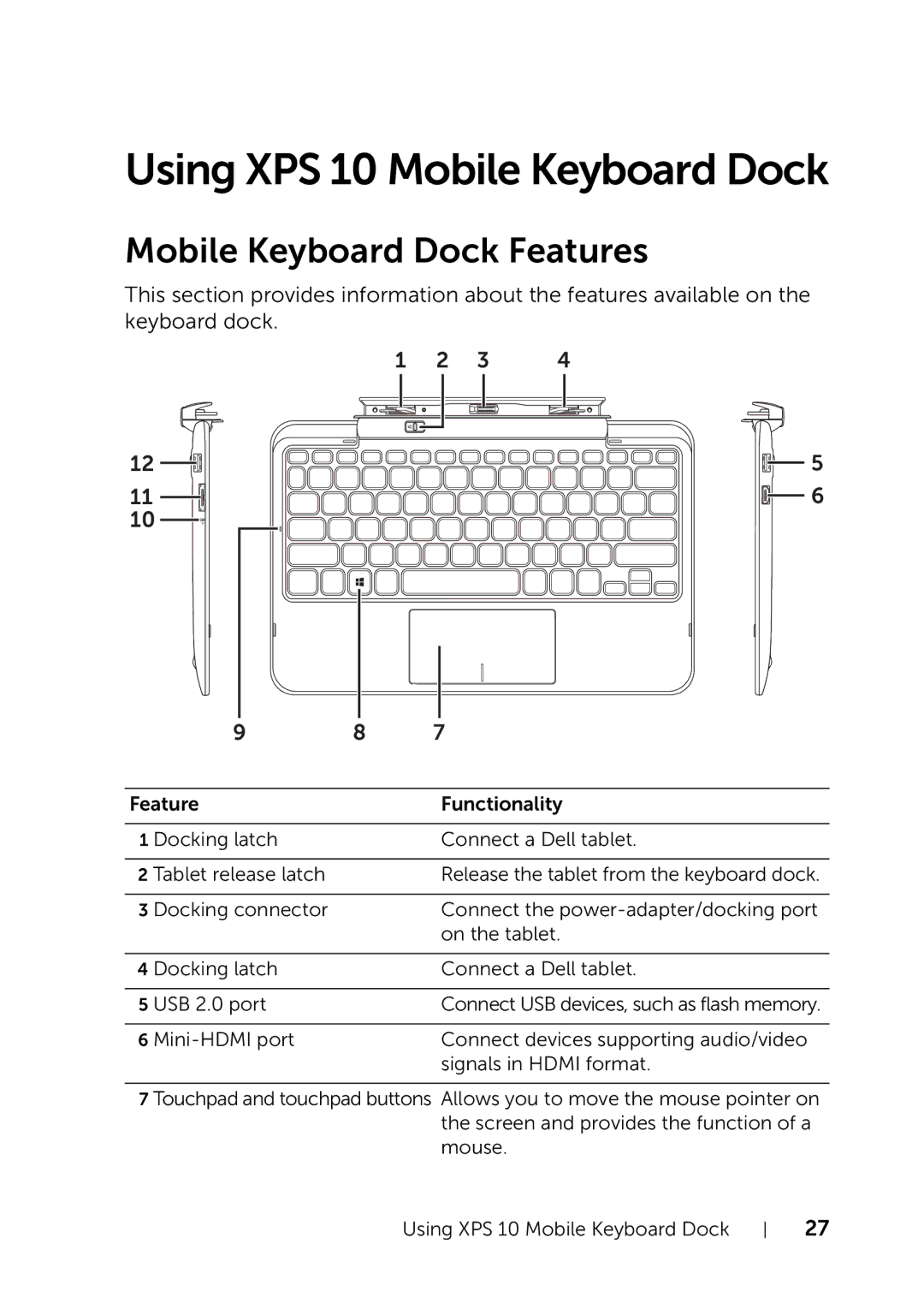 Dell user manual Using XPS 10 Mobile Keyboard Dock, Mobile Keyboard Dock Features 