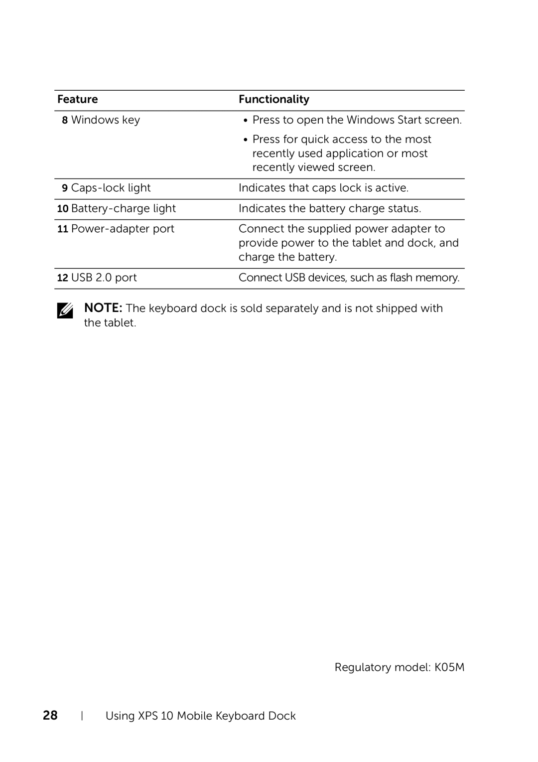 Dell user manual Regulatory model K05M Using XPS 10 Mobile Keyboard Dock 