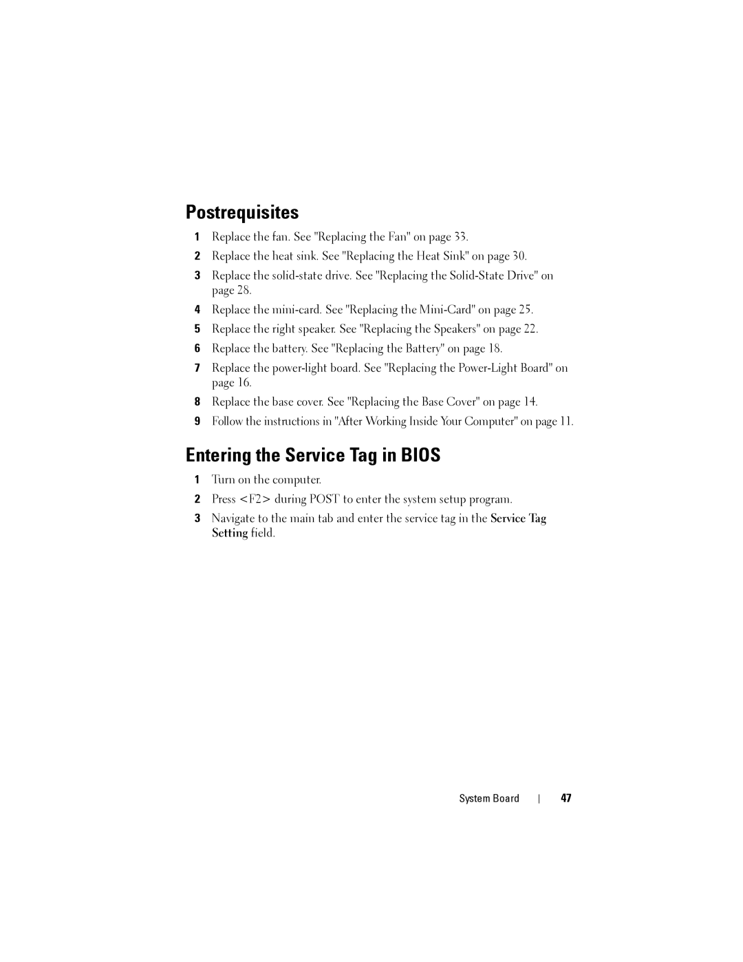 Dell XPS 13 owner manual Postrequisites, Entering the Service Tag in Bios 